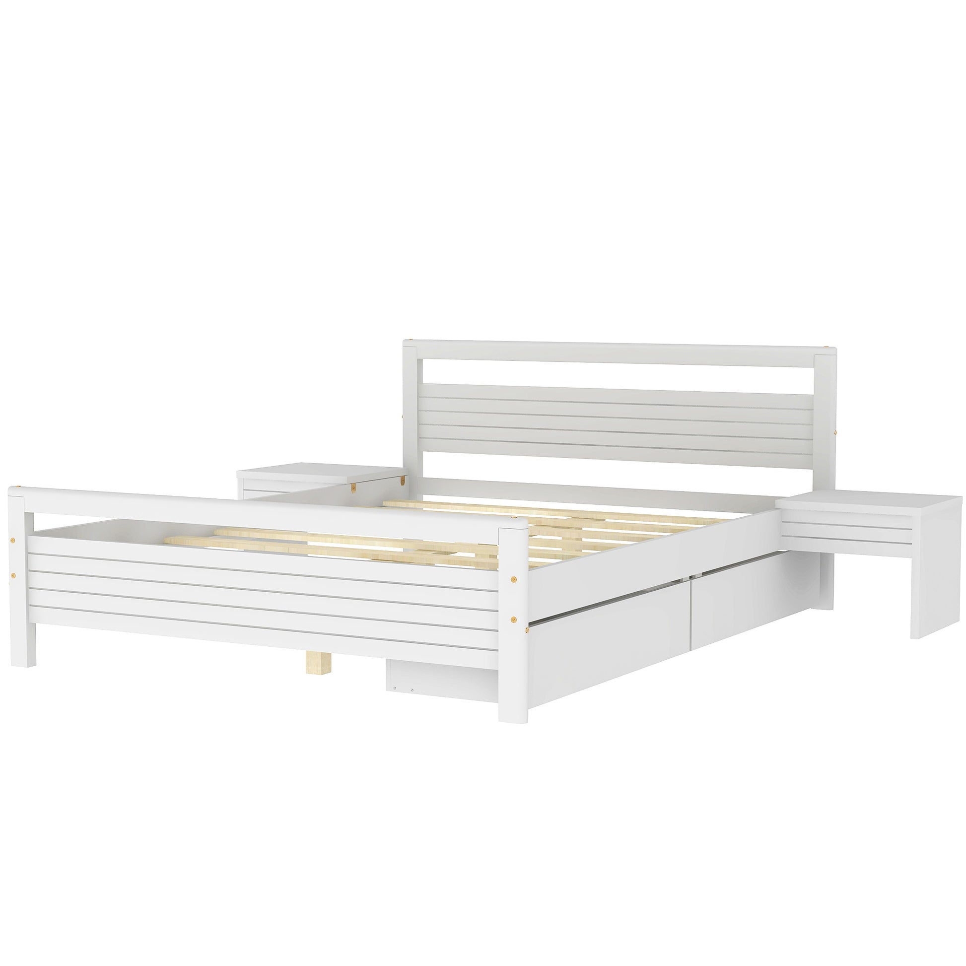 Queen Size Wooden Platform Bed With 2 Storage Drawers And 2 Bedside Tables, White Queen White Pine