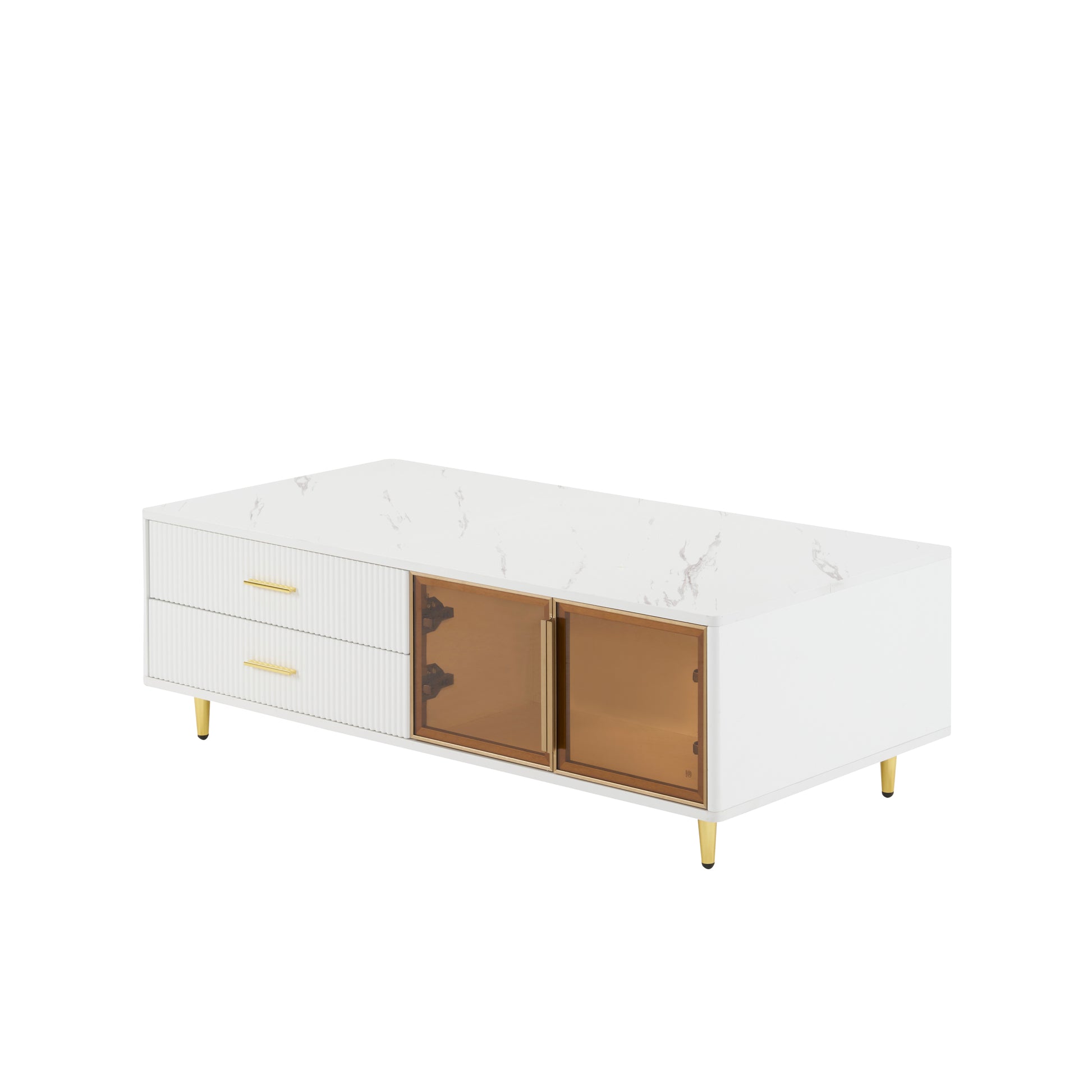 Modern White Coffee Table With 2 Glass Door Storage, 4 Drawers, Gold Metal Legs, And Multi Color Lighting In 47.2'' White Drawers Mdf