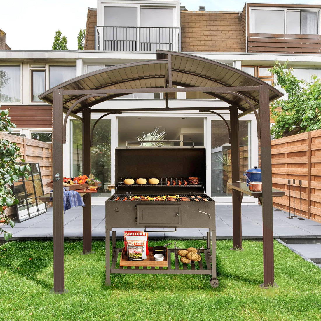 8X5Ft Arc Roof, Grill Canopy For Outdoor Grill W Double Galvanized Steel Roof And 2 Side Shelves, Bbq Gazebo Grill Tent For Patio Garden Backyard, Brown Brown Garden & Outdoor Uv Resistant Metal