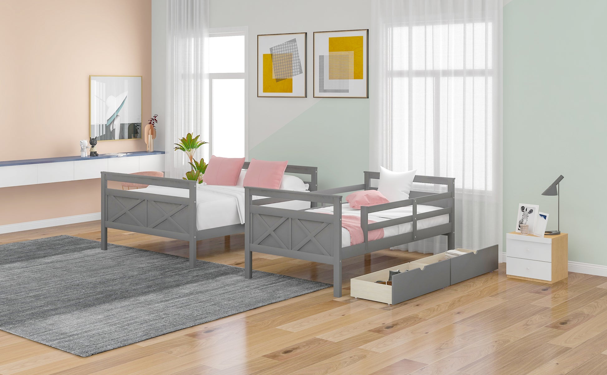 Twin Over Full Bunk Bed With Ladder, Two Storage Drawers, Safety Guardrail, Gray Twin Box Spring Not Required Gray Bedroom Bunk Pine