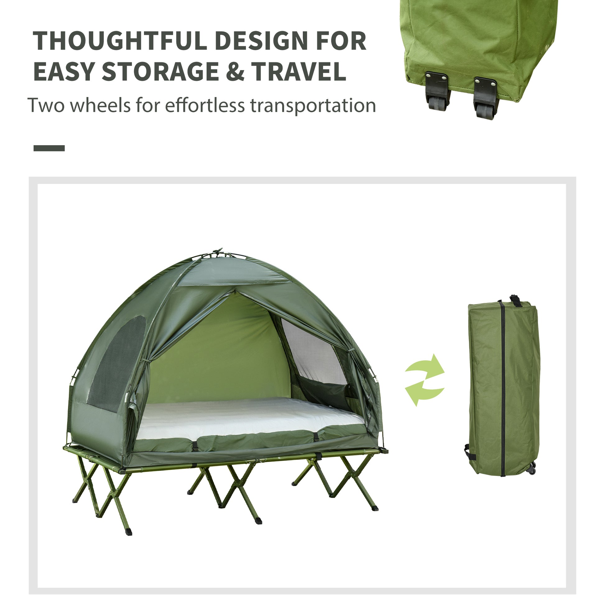 Outsunny 2 Person Foldable Camping Cot With Tent, Bedspread And Thick Air Mattress, 4 In 1 Elevated Camping Bed Tent For Outdoor Hiking, Picnic, Travel Dark Green Polyester