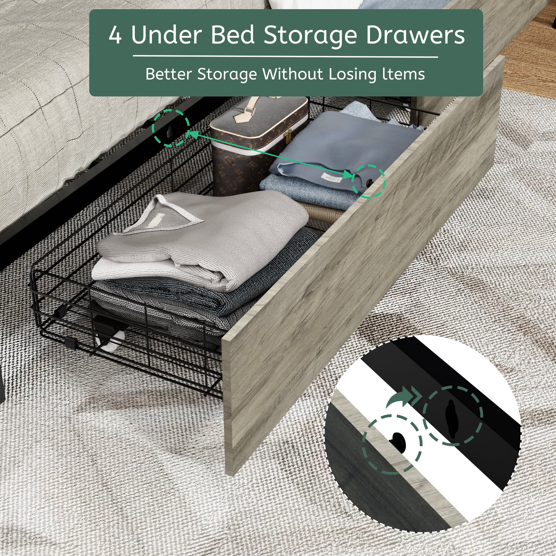 Queen Size Bed Frame With 4 Storage Drawers And 2 Usb Ports, Upholstered Platform Bed Frame With Storage Headboard Charging Station And Metal Slat Support, No Box Spring Needed, Dark Grey. Box Spring Not Required Queen Dark Grey Metal Bedroom Bed Frame