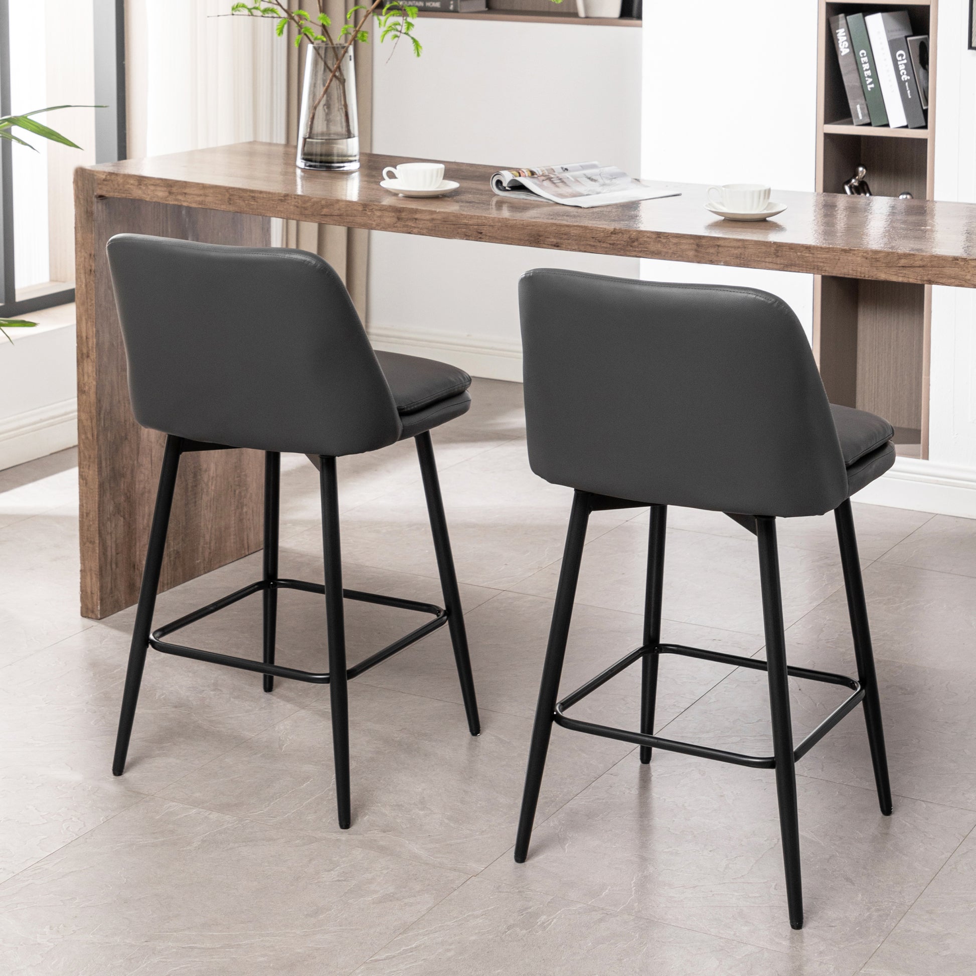 Counter Height Swivel Bar Stools Set Of 2, 360 Swivel Upholstered Barstools With Back And Metal Legs, 25.6" Seat Height,Counter Stools For Kitchen Island And Pub,Faux Leather,Grey Dark Grey Set Of 2 Pu Leather