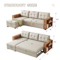 Upholstered Pull Out Sectional Sofa With Storage Chaise, Convertible Corner Couch, Beige Wooden Handrail Beige Wood Medium Soft Pillow Back Modern Square Arms Linen 3 Seat