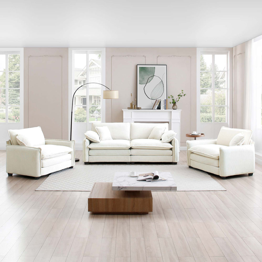 Luxurious And Sophisticated Sofa Set With Soft Cushions And Pillows, Sofa Set For Living Rooms And Clubs As Well As Home Theaters, Consisting Of Two Single Sofas And A 2 Seaters Sofas In Beige Cordur Beige Corduroy 4 Seat