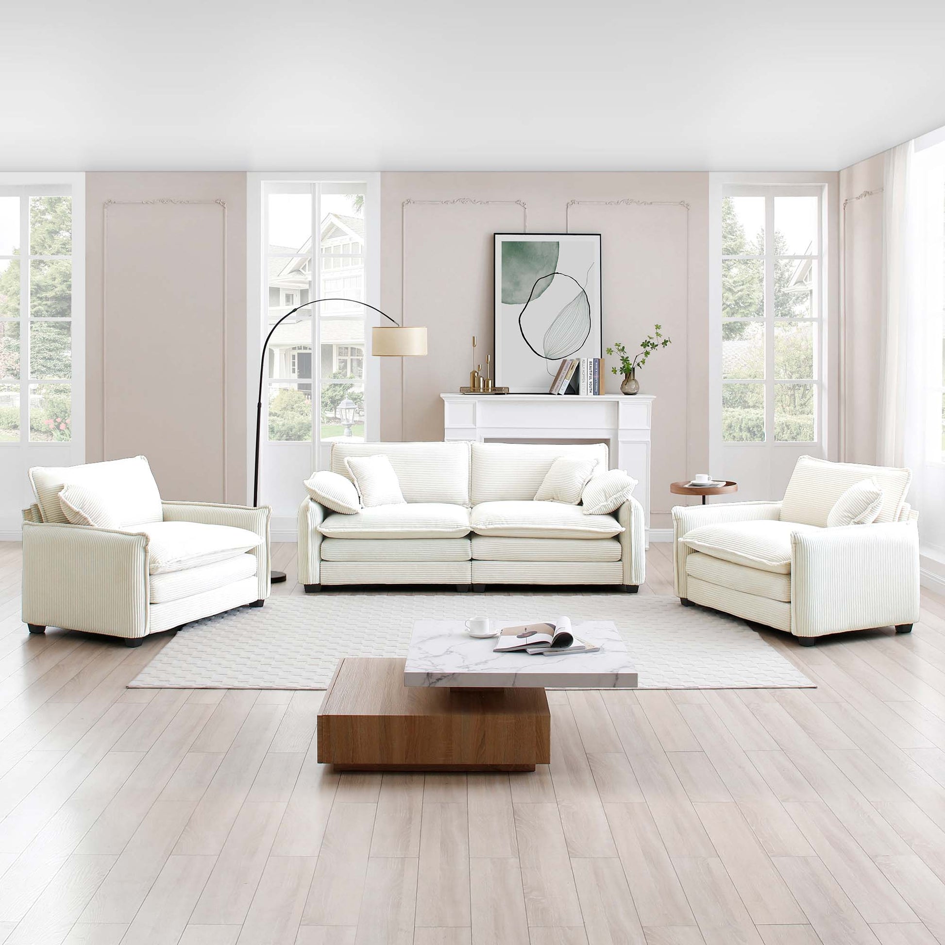 Luxurious And Sophisticated Sofa Set With Soft Cushions And Pillows, Sofa Set For Living Rooms And Clubs As Well As Home Theaters, Consisting Of Two Single Sofas And A 2 Seaters Sofas In Beige Cordur Beige Corduroy 4 Seat