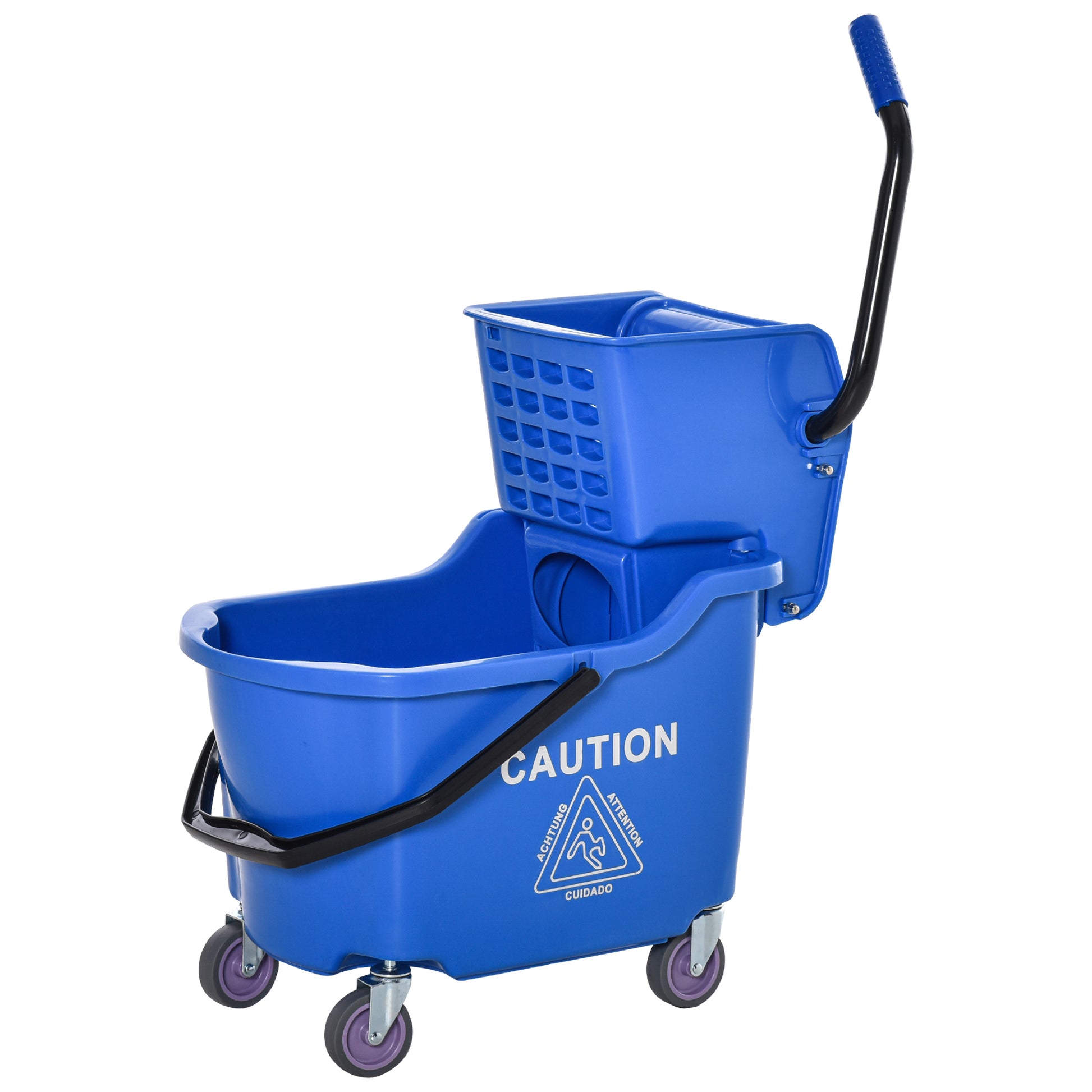 Homcom Mop Bucket Cart With Side Press Wringer, Metal Handle And 34 Quart Capacity, Blue Blue Plastic