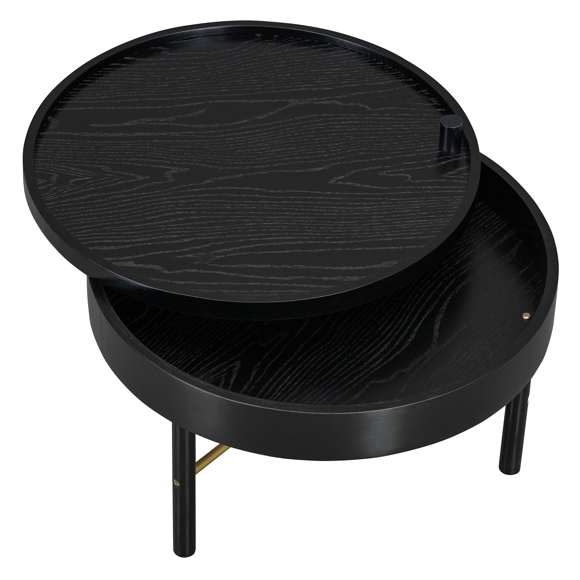 Modern Round Wood Rotating Tray Coffee Table With Storage & Metal Legs In Black Black Metal,Rubber Wood