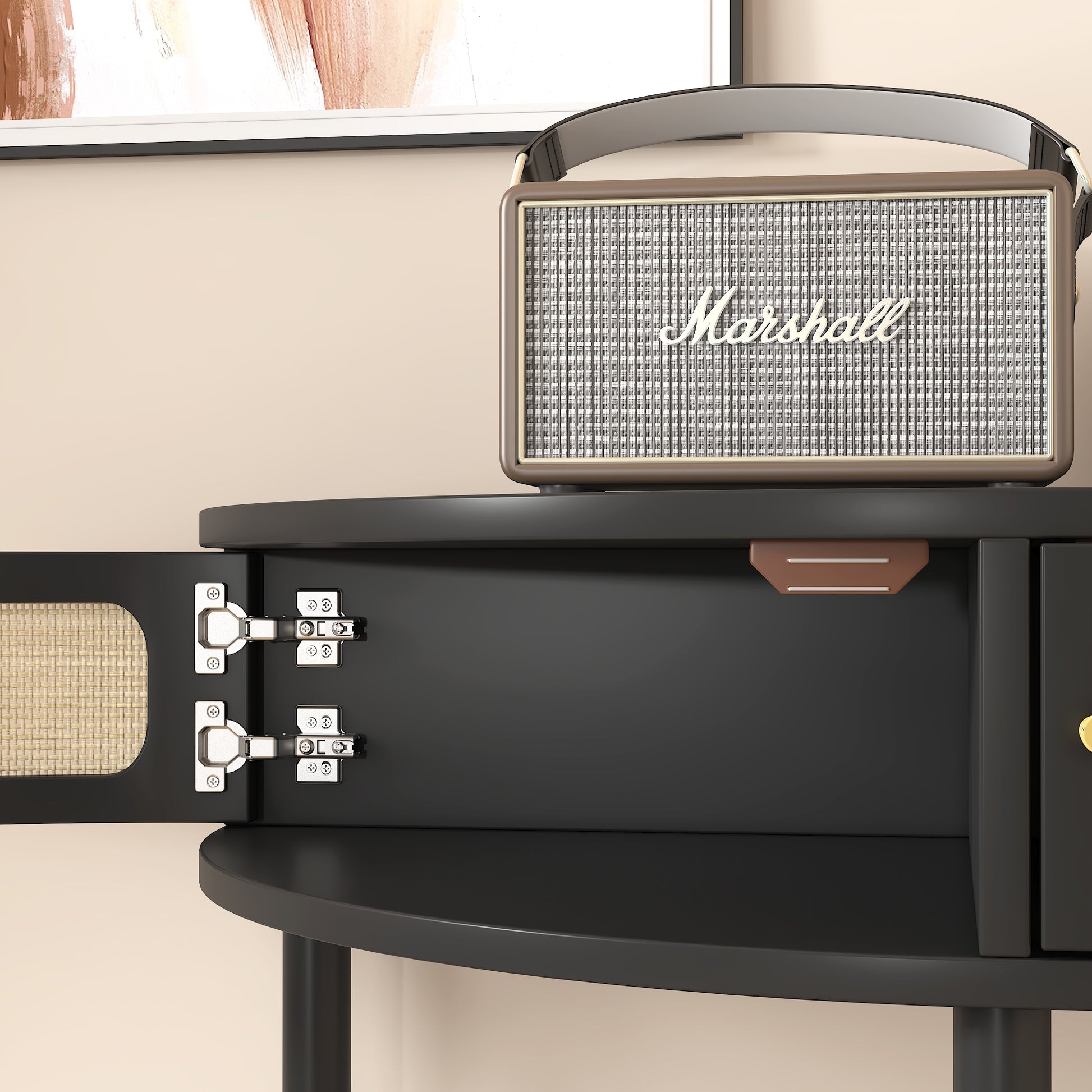 Unique Half Moon Design End Table With Rattan Door,Elegant Semicircle Sofa Side Table With 2 Rattan Storage Cabinet And Bottom Shelf For Living Room, Bedroom Black Primary Living Space Boho Freestanding Semicircular Drawers Coffee & End Tables Polished