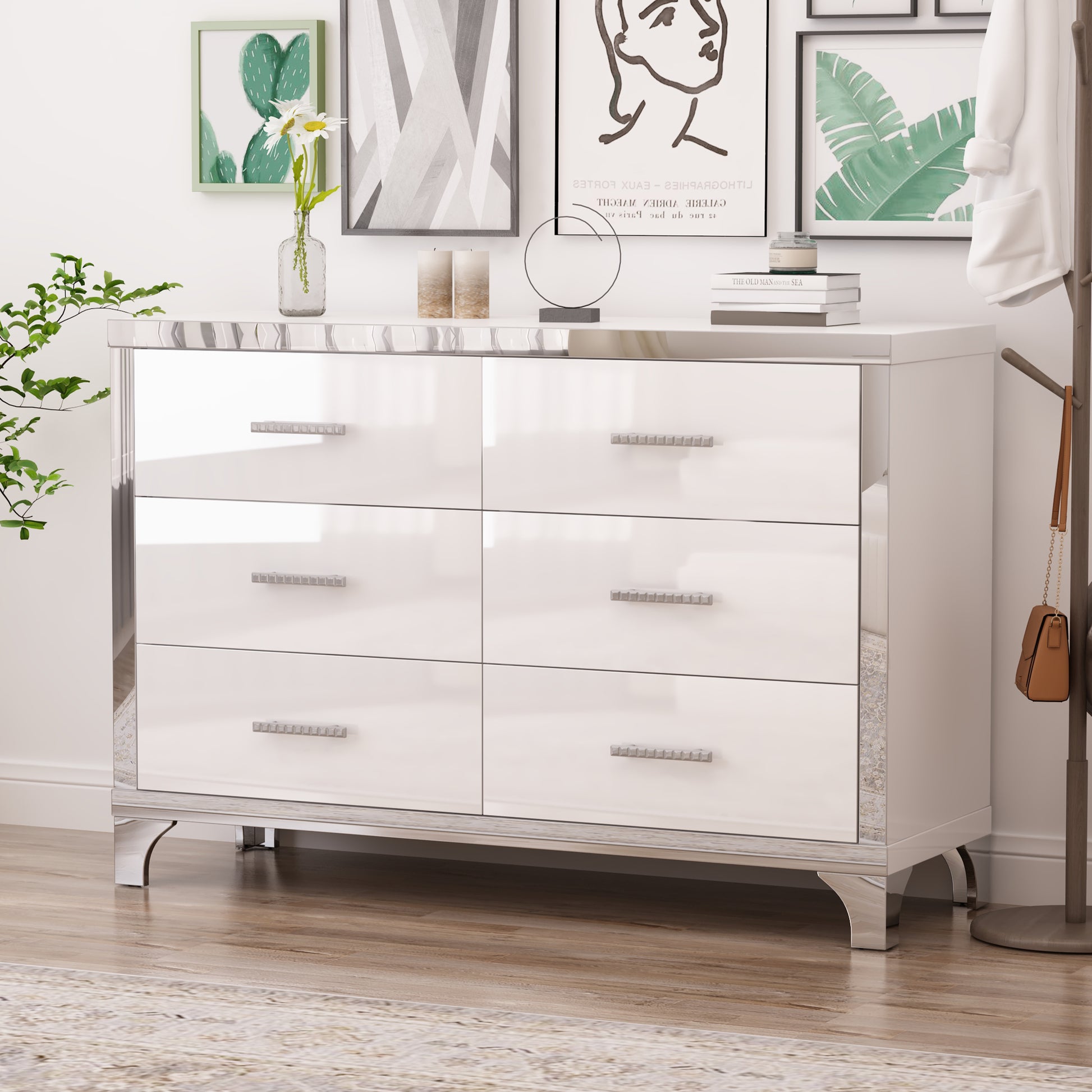 Elegant High Gloss Dresser With Metal Handle,Mirrored Storage Cabinet With 6 Drawers For Bedroom,Living Room,White White Mdf