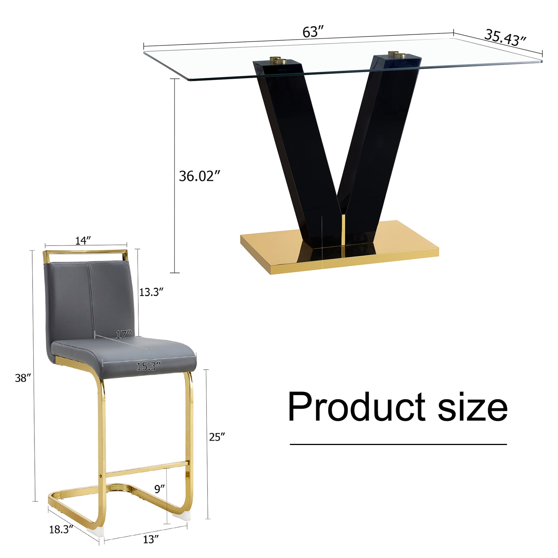Table And Chair Set,Large Modern Minimalist Rectangular Glass Dining Table For 4 8 With 0.4" Tempered Glass Tabletop And Mdf Slab V Shaped Bracket, Pu And Gold Legs Of The Chair. Black Grey Seats 4 Tempered Glass