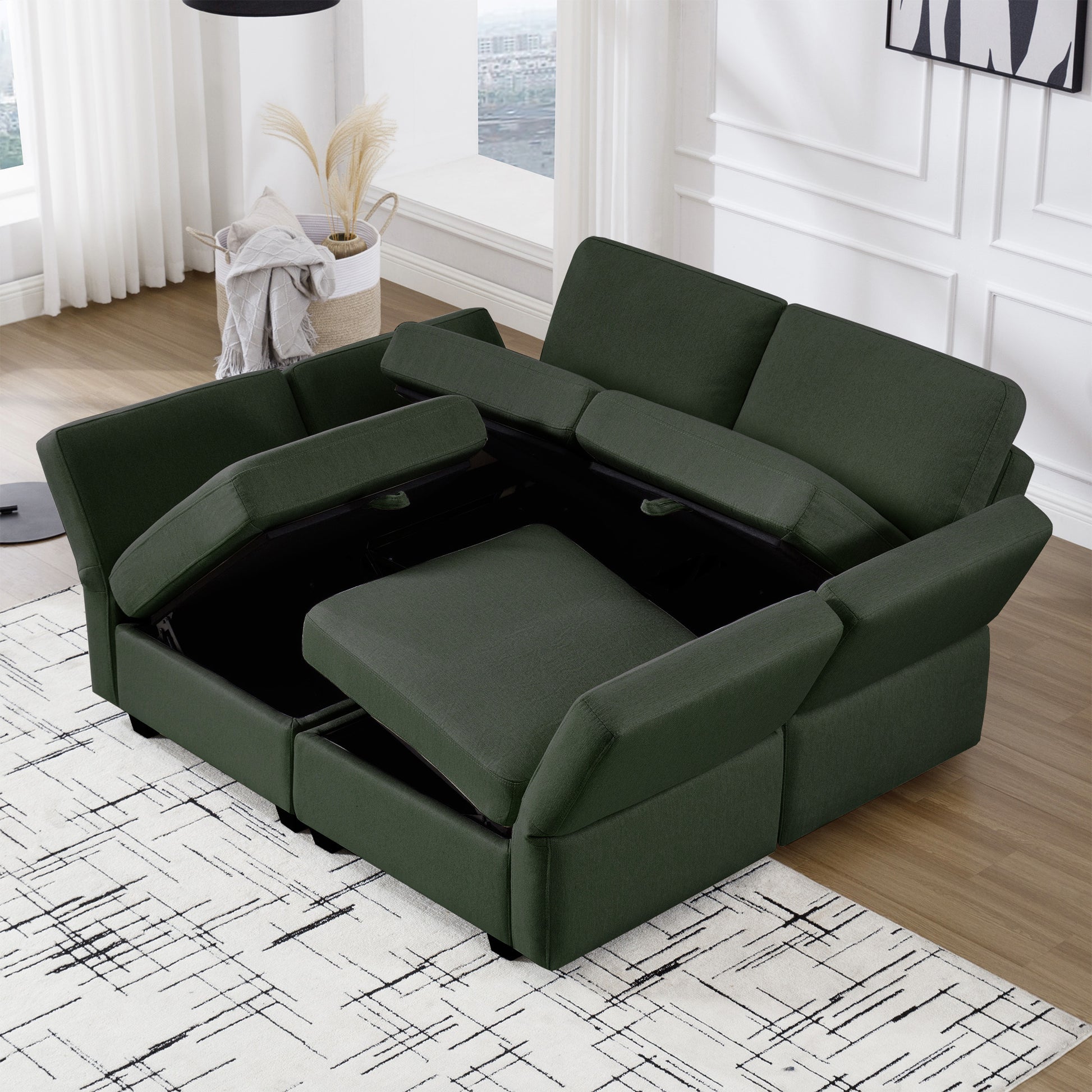 4 Seat Sofa Bed Upholstered Sofa Sleeper, Space Saving Sof Bed2 Seat Sofa With Storage Space Under Seatsall Arms And Backs Adjustabled For Ultimate Comfort Seating Green Green Polyester 4 Seat