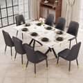 1 Table And 8 Chairs. A Rectangular Dining Table With A White Imitation Marble Tabletop And Black Metal Legs. Paired With 8 Chairs, Equipped With Pu Leather Seat Cushions And Black Metal Legs. F 1538 Black Glass Metal