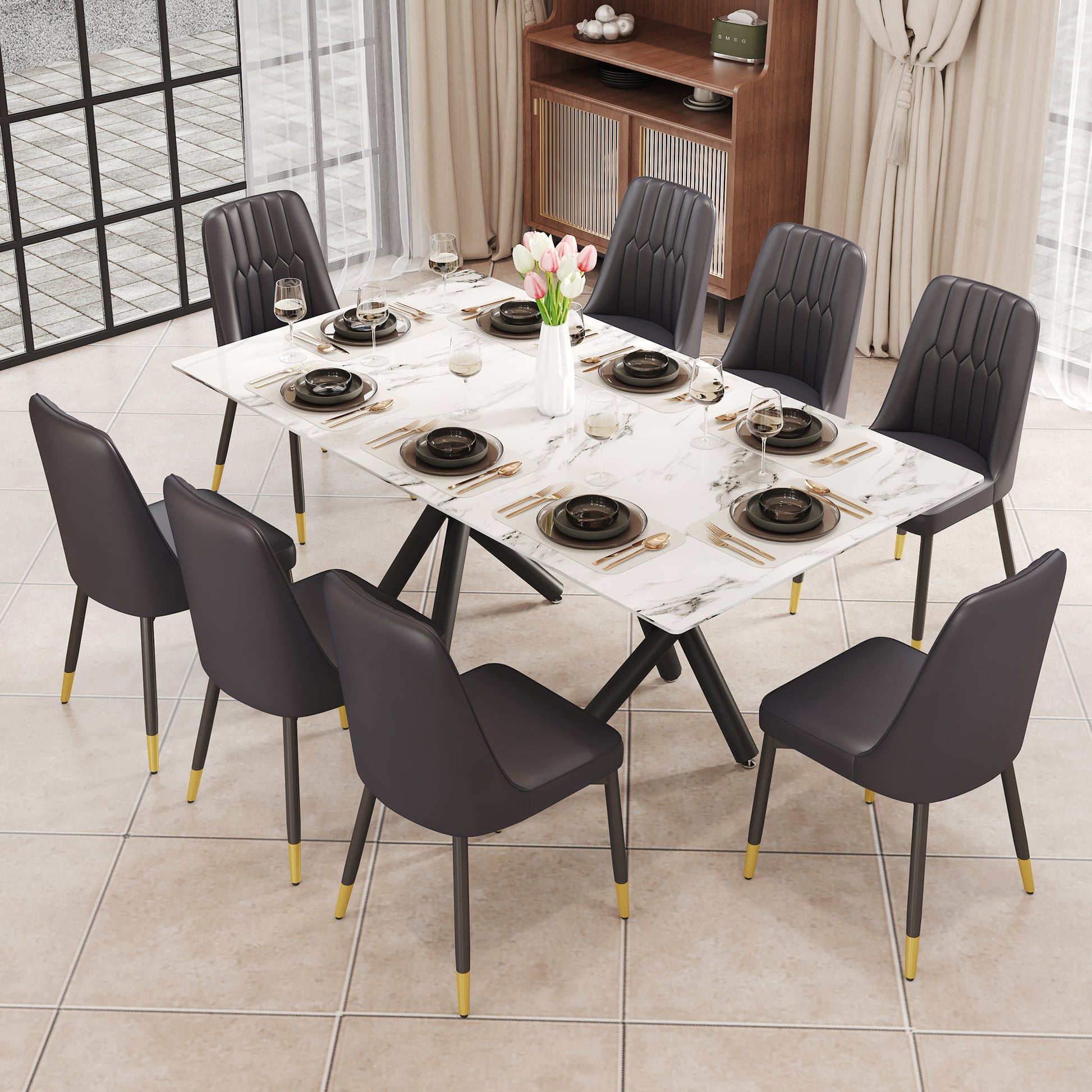 1 Table And 8 Chairs. A Rectangular Dining Table With A White Imitation Marble Tabletop And Black Metal Legs. Paired With 8 Chairs, Equipped With Pu Leather Seat Cushions And Black Metal Legs. F 1538 Black Glass Metal