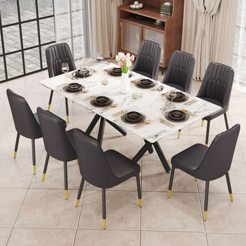 1 Table And 8 Chairs. A Rectangular Dining Table With A White Imitation Marble Tabletop And Black Metal Legs. Paired With 8 Chairs, Equipped With Pu Leather Seat Cushions And Black Metal Legs. F 1538 Black Glass Metal