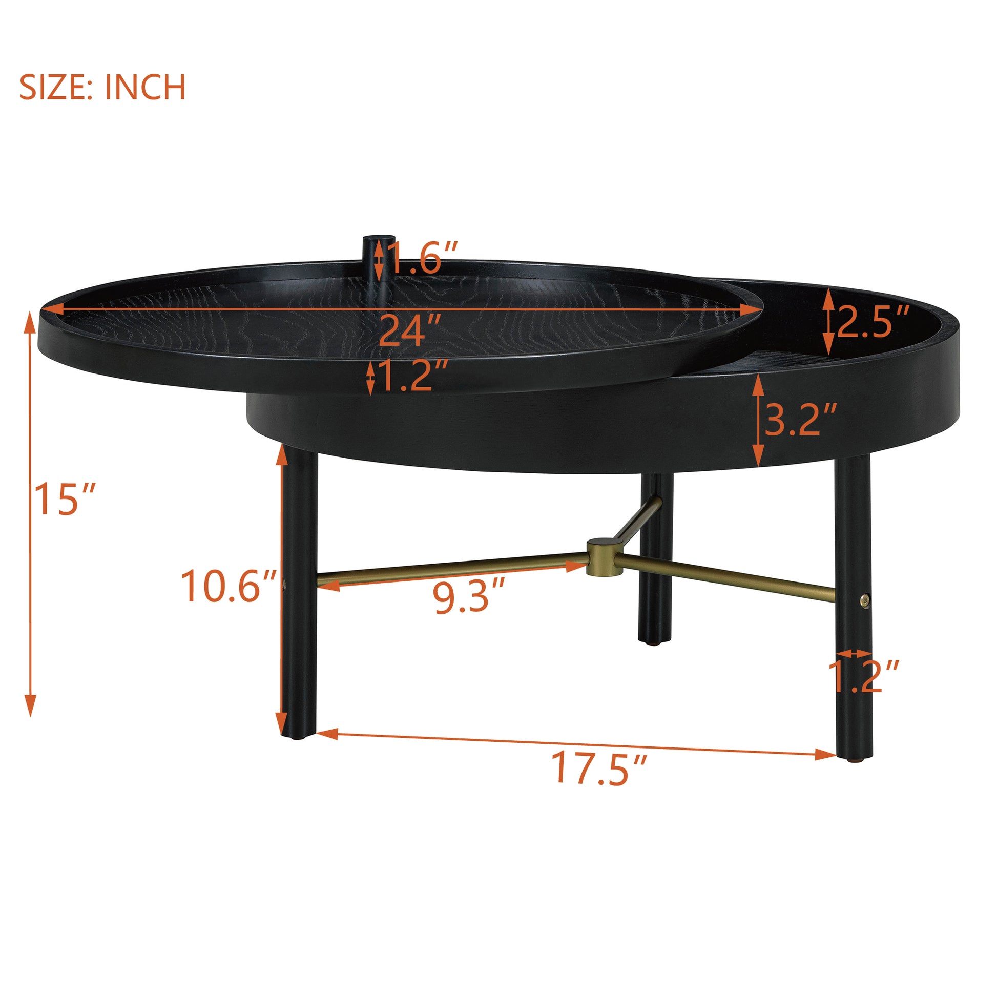 Modern Round Wood Rotating Tray Coffee Table With Storage & Metal Legs In Black Black Metal,Rubber Wood