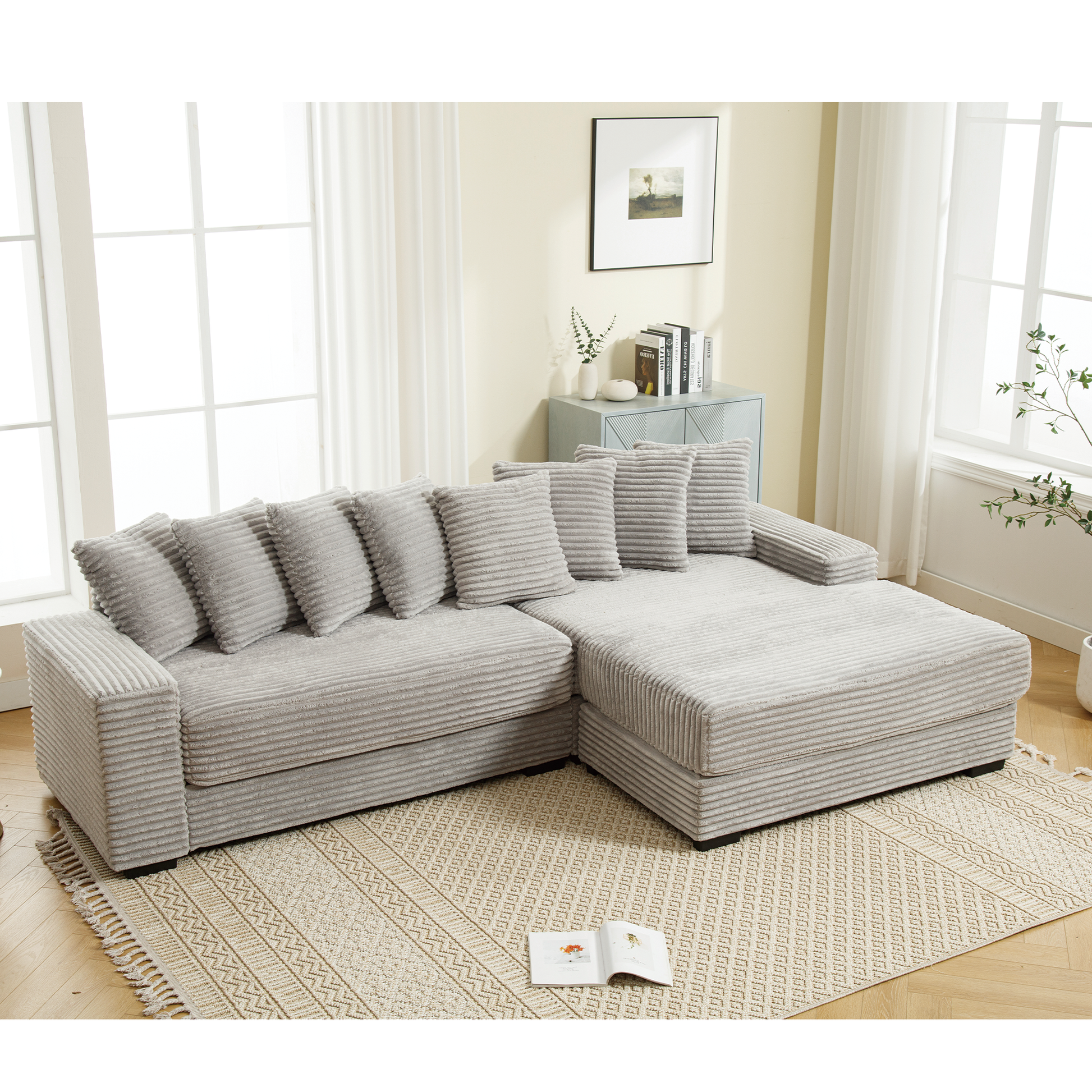 Arrived Oversized Two Piece Couches, L Shaped Sofa, Corduroy, Right Chaise Daybed,With Armrests,Eight Throw Pillows,Corner Sofa,Easy To Assemble, Gray Gray Polyester Wood Primary Living Space Medium Soft Pillow Back Modern Square Arms Wood 3 Seat