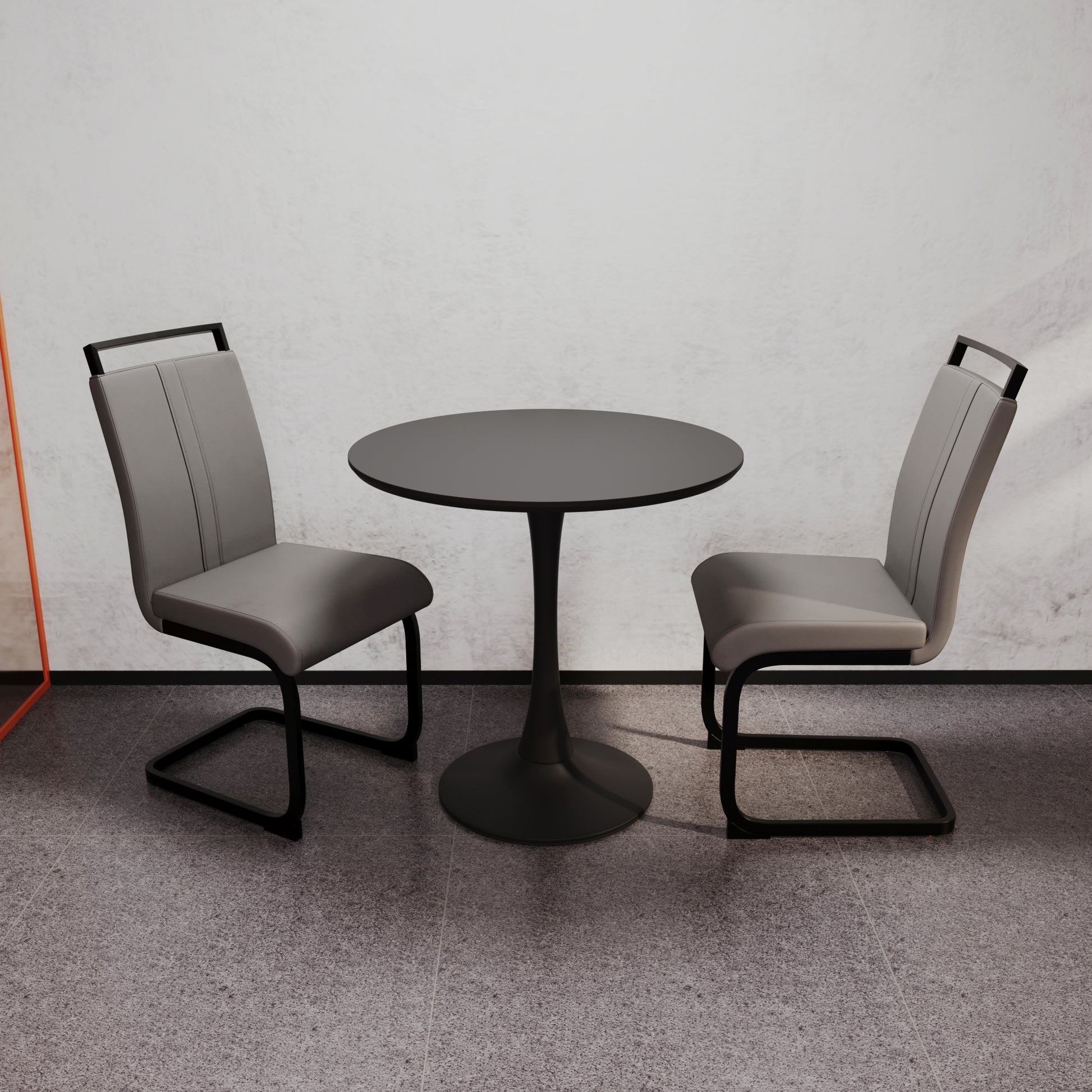 Black Circular Dining Table, 31.5 "Tulip Dining Table, Kitchen Dining Table For 2 4 People, Mdf Tabletop And Base, And 2 Gray Pu Black Metal Leg Dining Chairs Set 2 Black Mdf