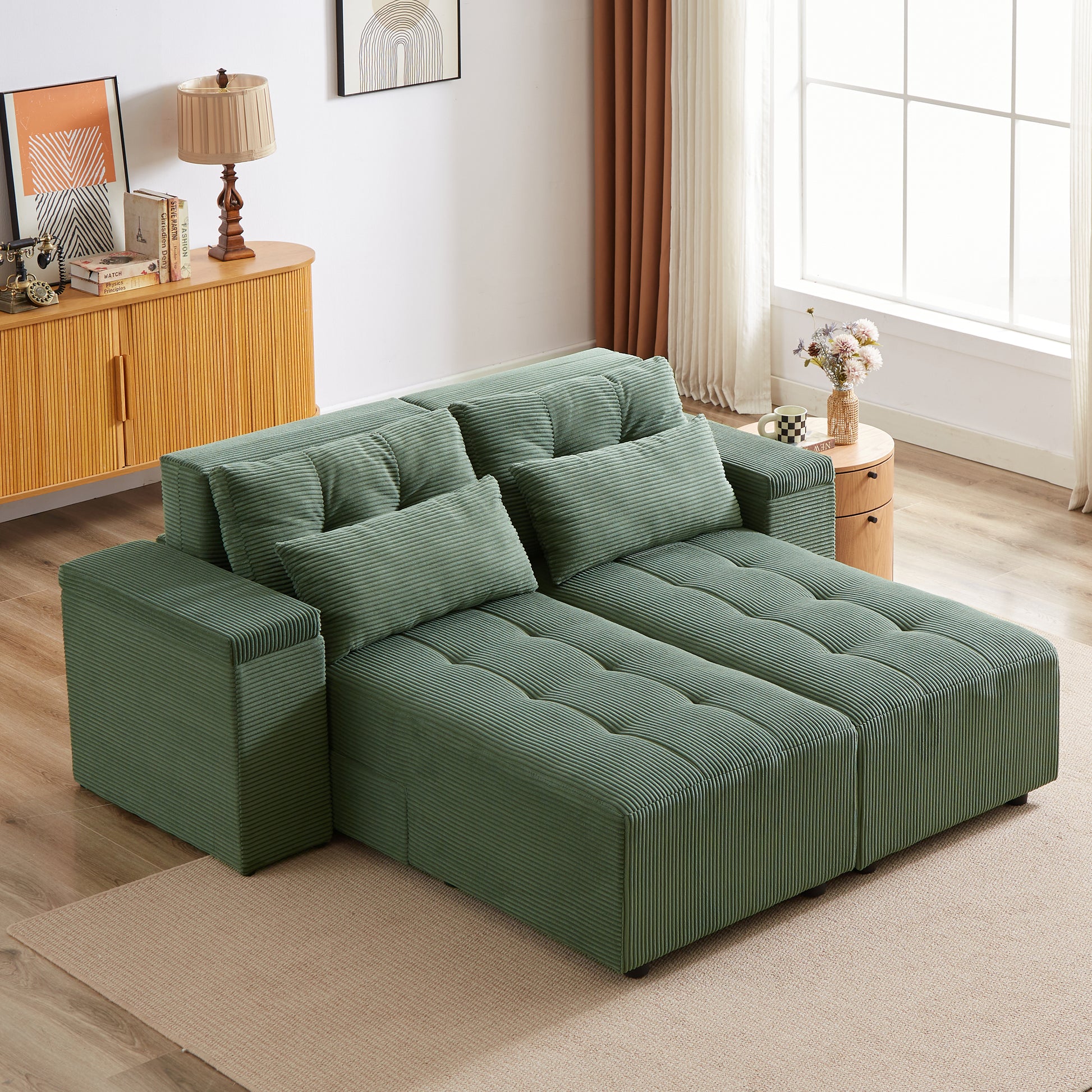Convertible 3 In 1 Sleeper Sofa And Sectional Sofa With 4 Storage Space For Living Room,Corduroy Couch With 4 Pillows,Corduroy Army Green Corduroy 3 Seat