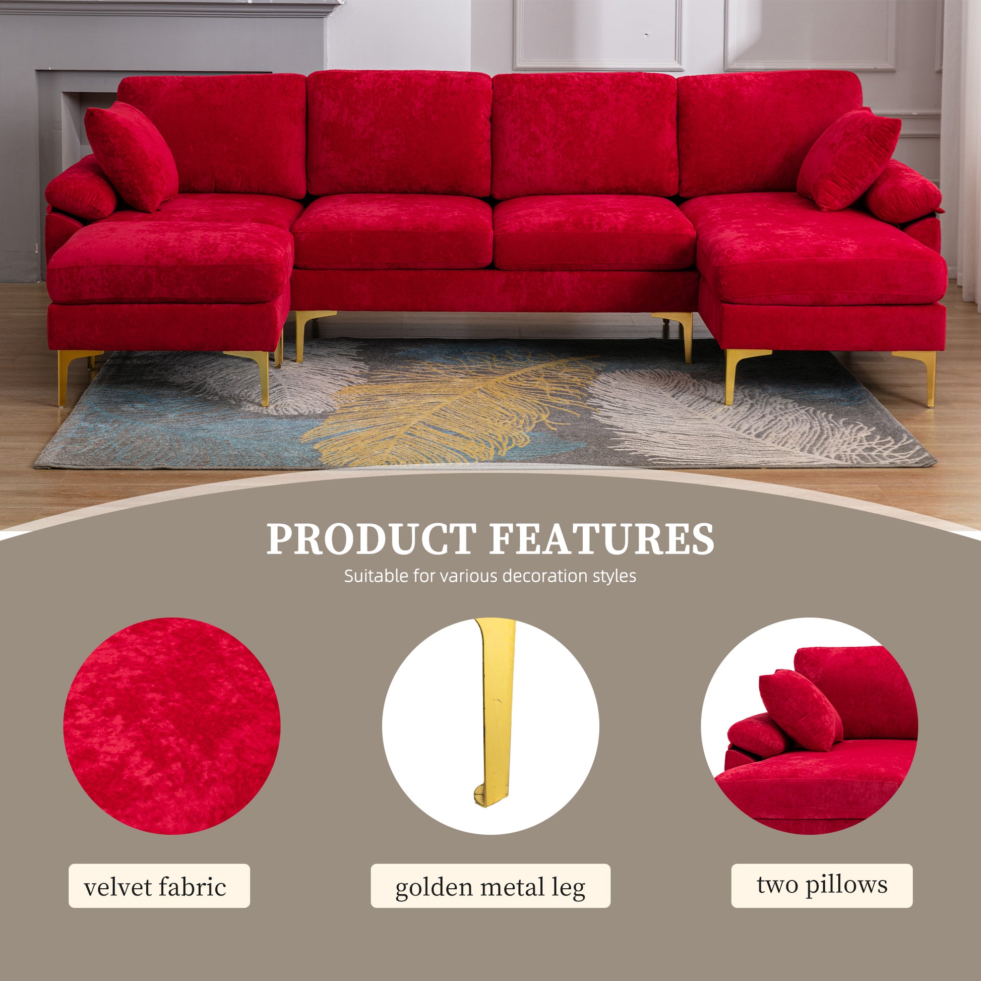Coolmore U Shape Sectional Sofa With Ottomanreversible Sofa Couch For Living Room,Spacious Furniture,Durable Couch Removable And Machine Washable Cover Red Velvet Red Primary Living Space Foam Velvet 4 Seat