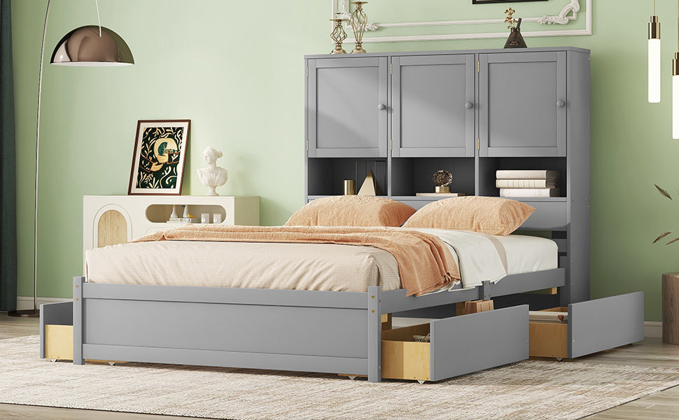 Queen Size Platform Bed With Storage Headboard And 4 Drawers, Gray Box Spring Not Required Queen Gray Wood Bedroom Bed Frame Solid Wood Mdf