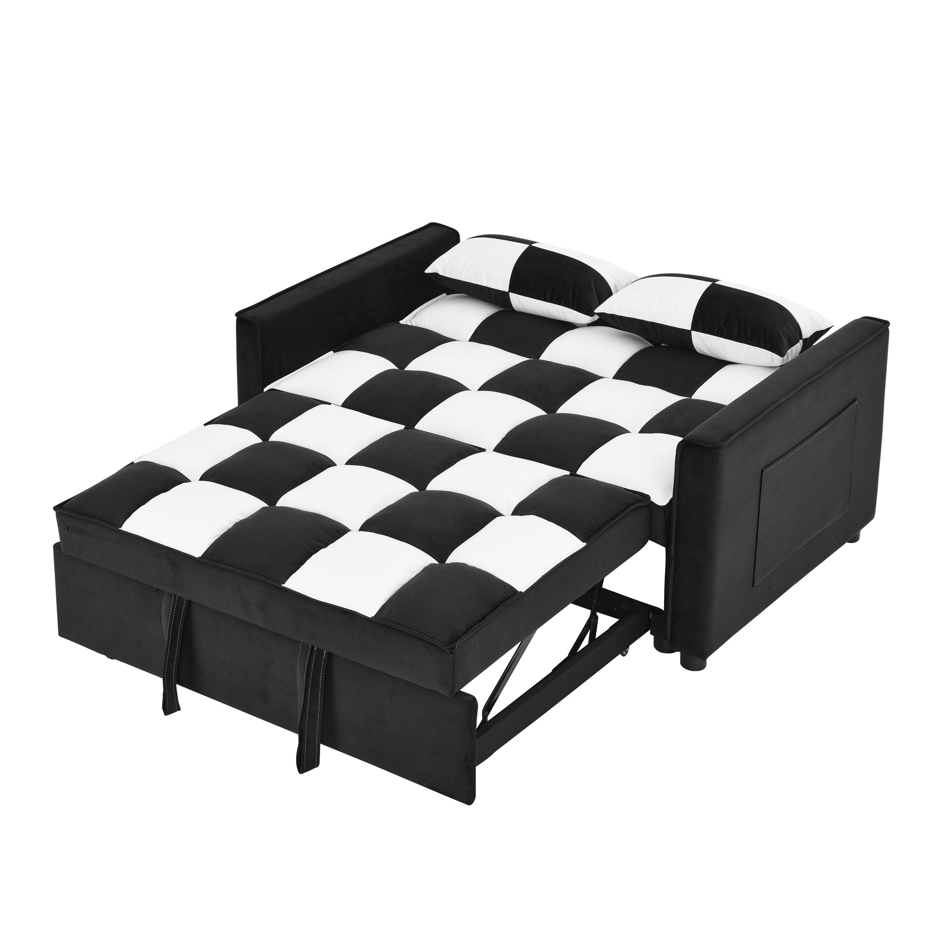 Modern Velvet Seat Sofa Couch Pull Out Bed,3 In One Convertible For Living Room Sofa Bed,Black White Black White Velvet Primary Living Space Cushion Back Medium Soft Medium Duty American Design Pillow Top Arms Foam Velvet 2 Seat