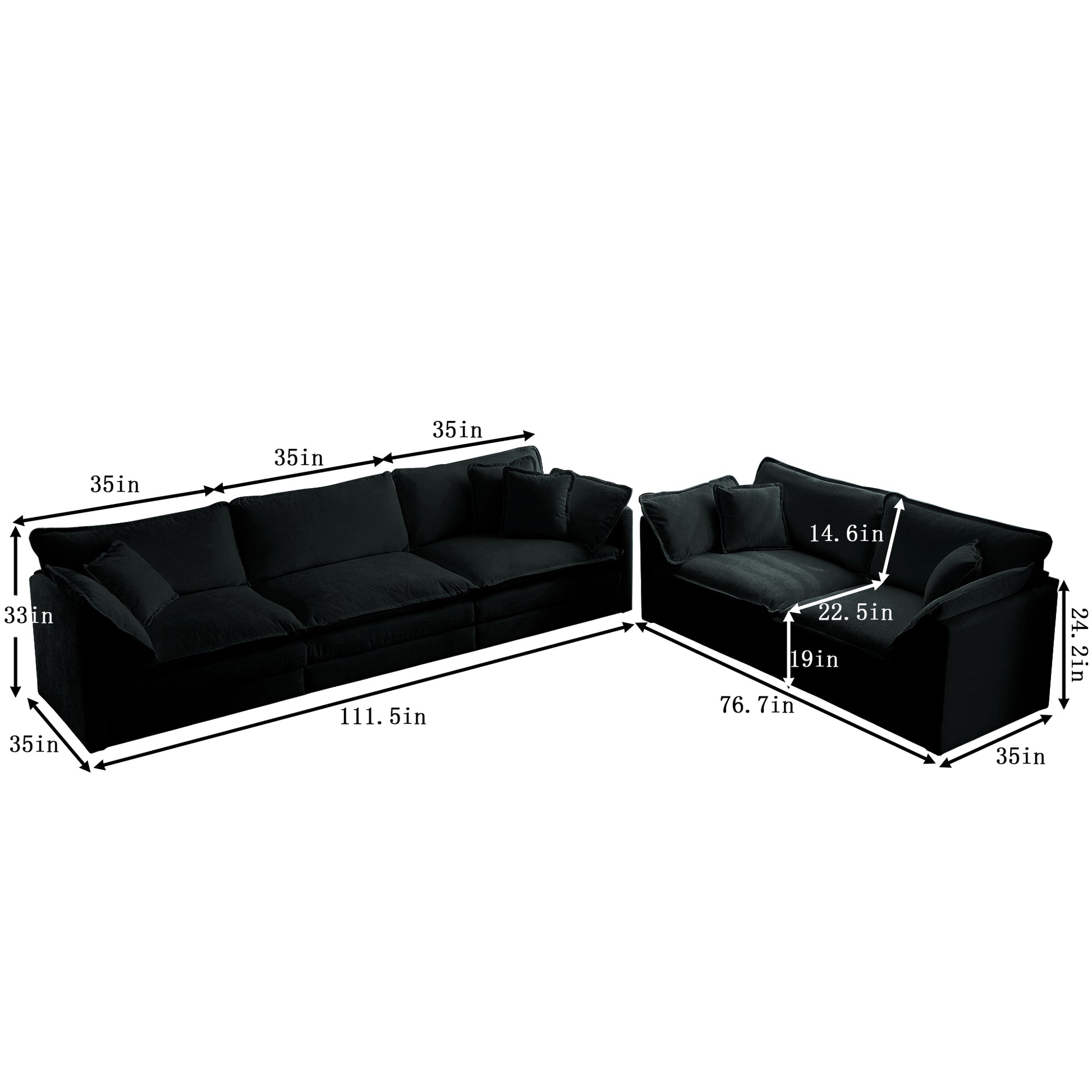 3 Piece Sofa Set Oversized Sofa Comfy Sofa Couch, 2 Pieces Of 2 Seater And 1 Piece Of 3 Seater Sofa For Living Room, Deep Seat Sofa Black Chenille Black Chenille 7 Seat