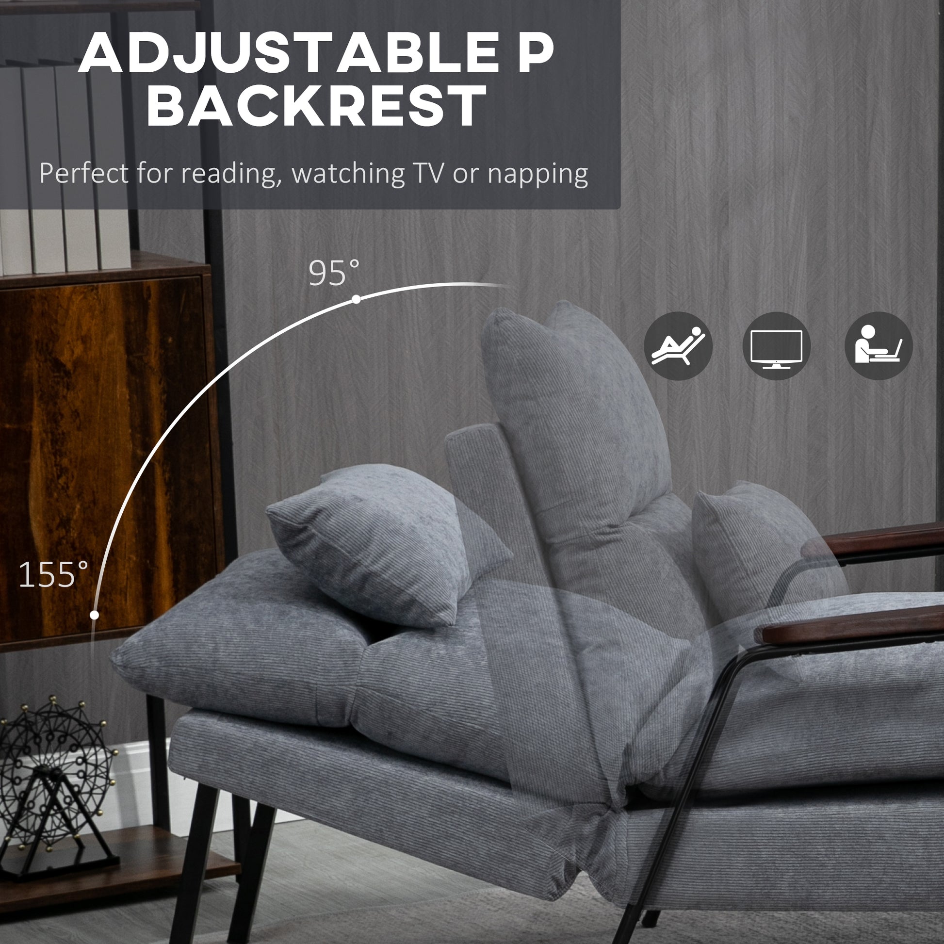 Homcom Accent Chair With Ottoman, Reclining Comfy Chair With Adjustable Backrest, Steel Frame And Pillow For Living Room, Bedroom, Light Gray Light Gray Polyester