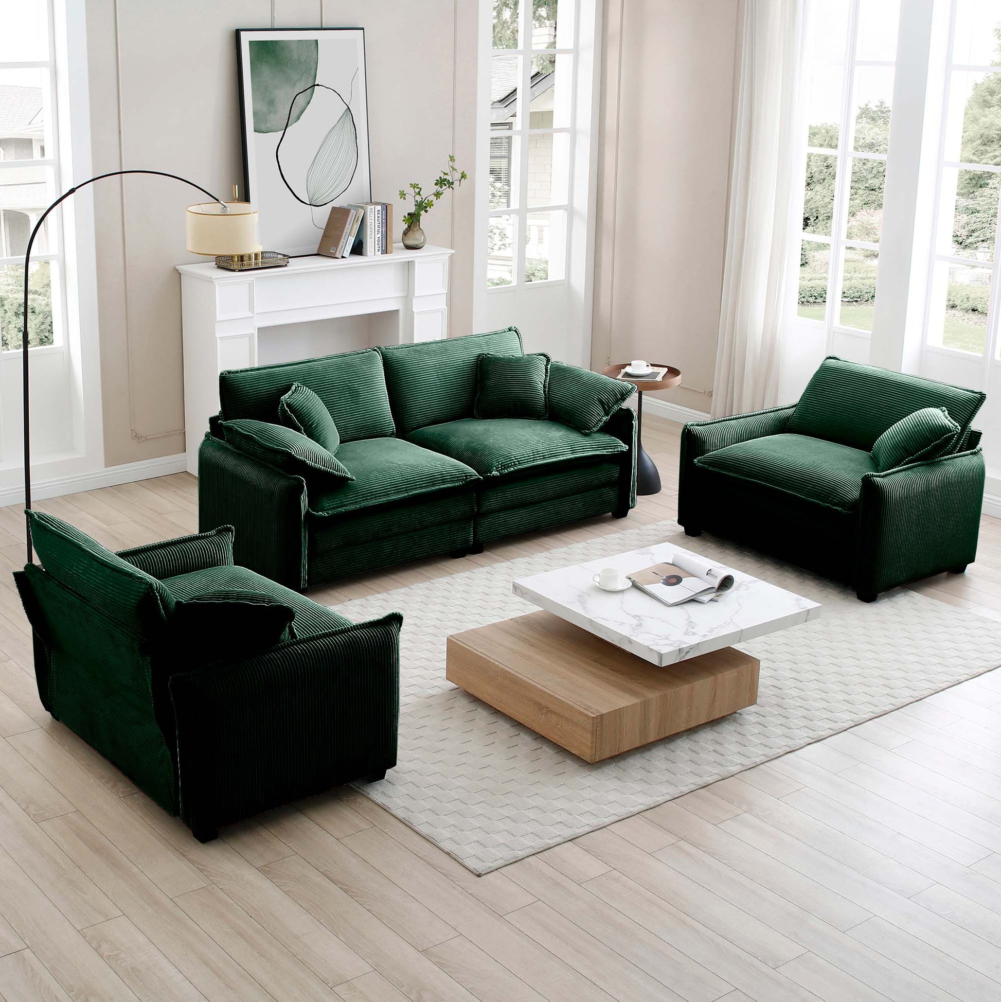 Luxurious And Sophisticated Sofa Set With Soft Cushions And Pillows, Sofa Set For Living Rooms And Clubs As Well As Home Theaters, Consisting Of Two Single Sofas And A 2 Seaters Sofas Ingreen Corduro Green Corduroy 4 Seat