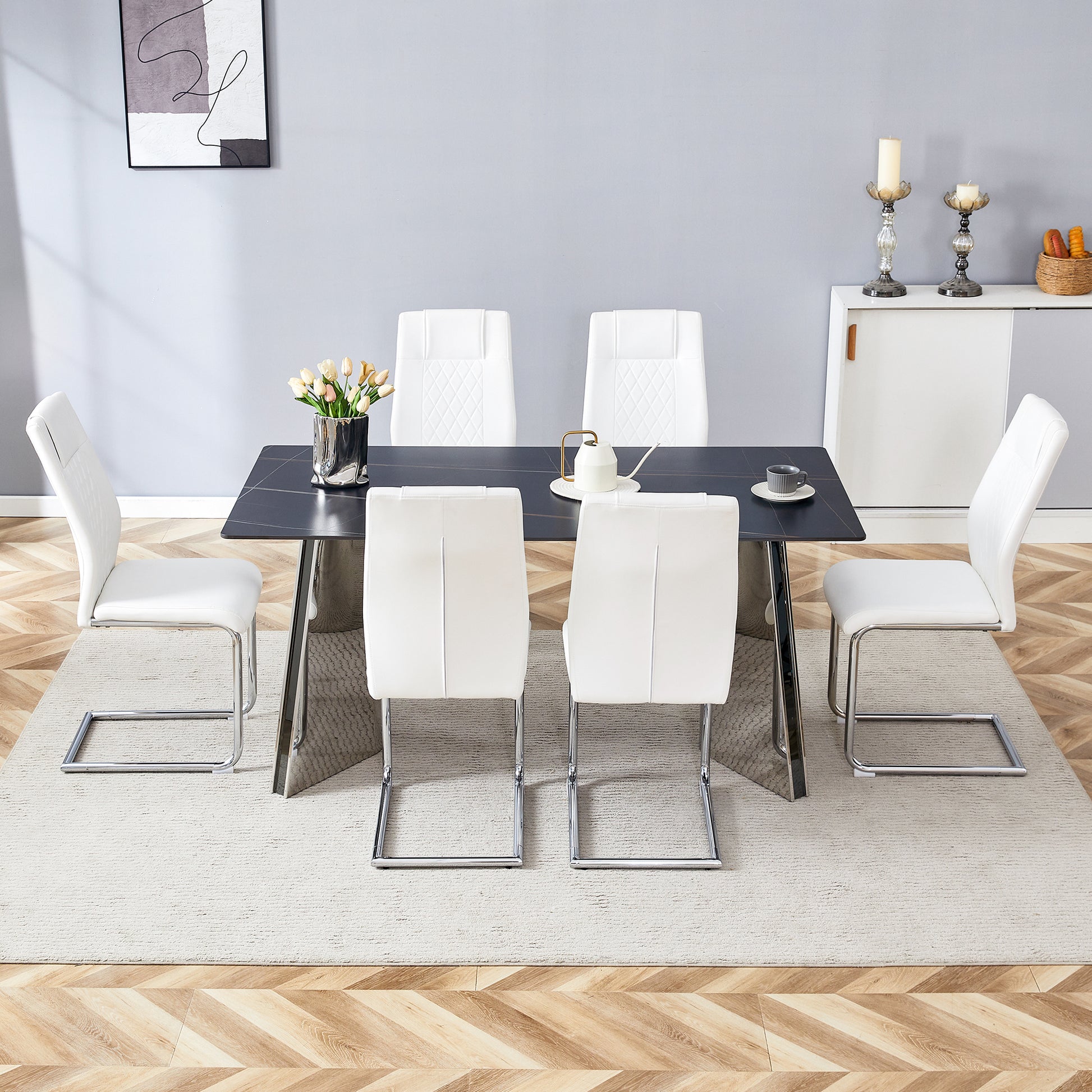 Table And Chair Set.63"X31.5X30" Black Marble Patterned Slabs Tabletop With Stainless Steel Butterfly Legs.Paried With 6 White High Quality Pu Chairs With Silver Metal Legs. White Black Seats 6