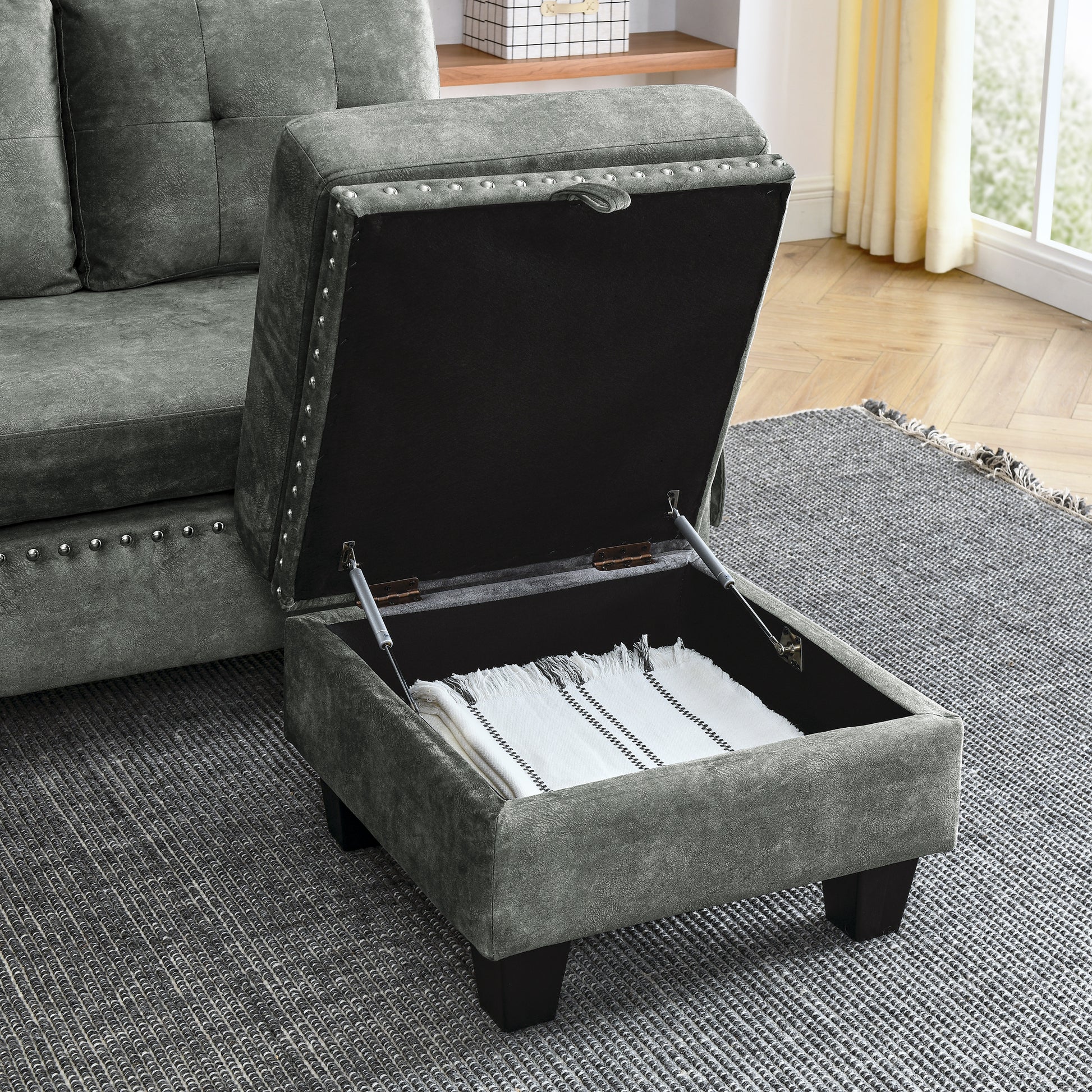 Sectional 3 Seaters Sofa ,Double Sided Multi Functional Footstool, Storage Matnon Slip Leg, Two Pillows, Velvet, Light Grey Light Grey Velvet 3 Seat