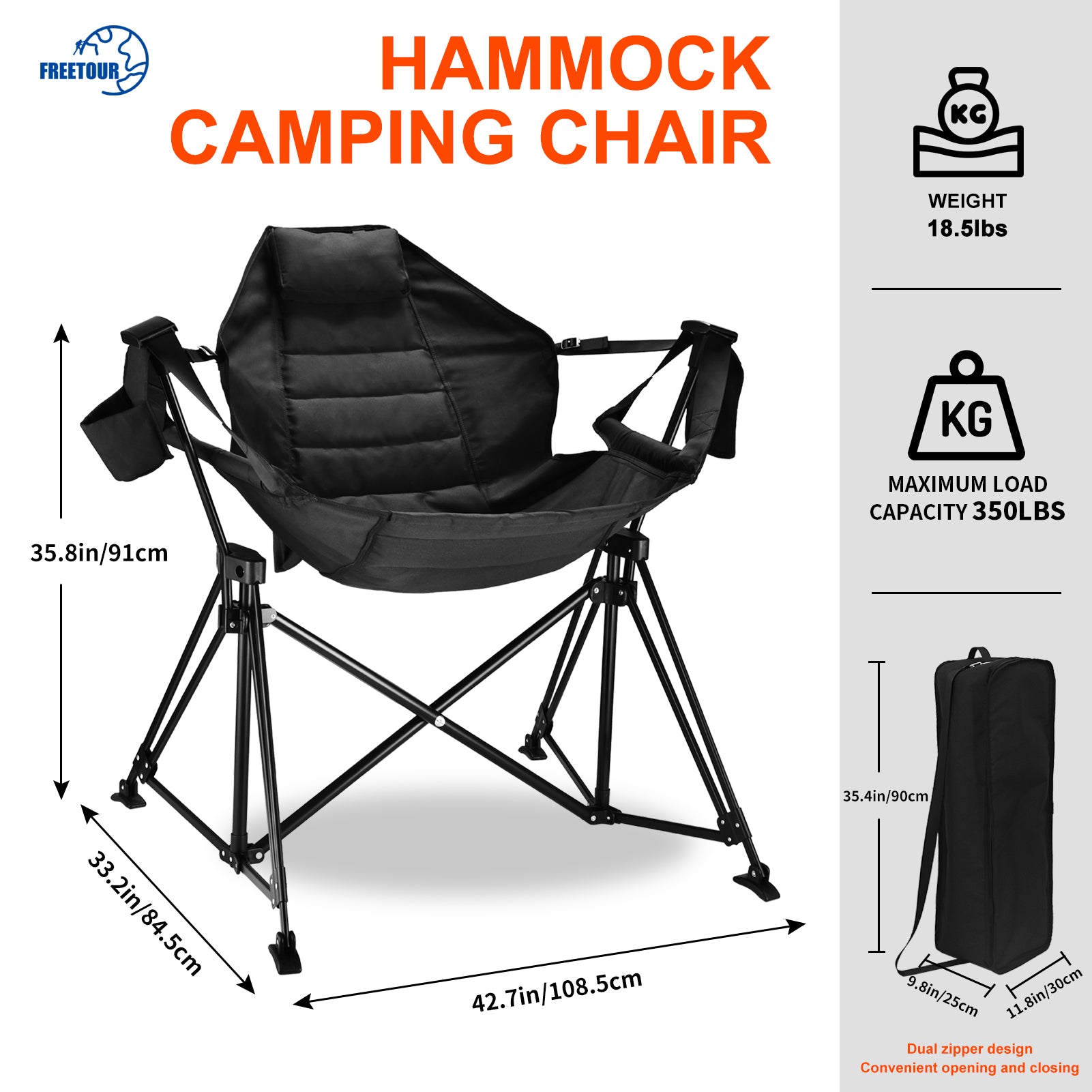 Hammock Camping Chair Folding 350 Lbs Foldable Portable Rocking Chairs For Adults Outside Swinging Camp With Stand Lawn Garden Hanging Outdoor Black Iron