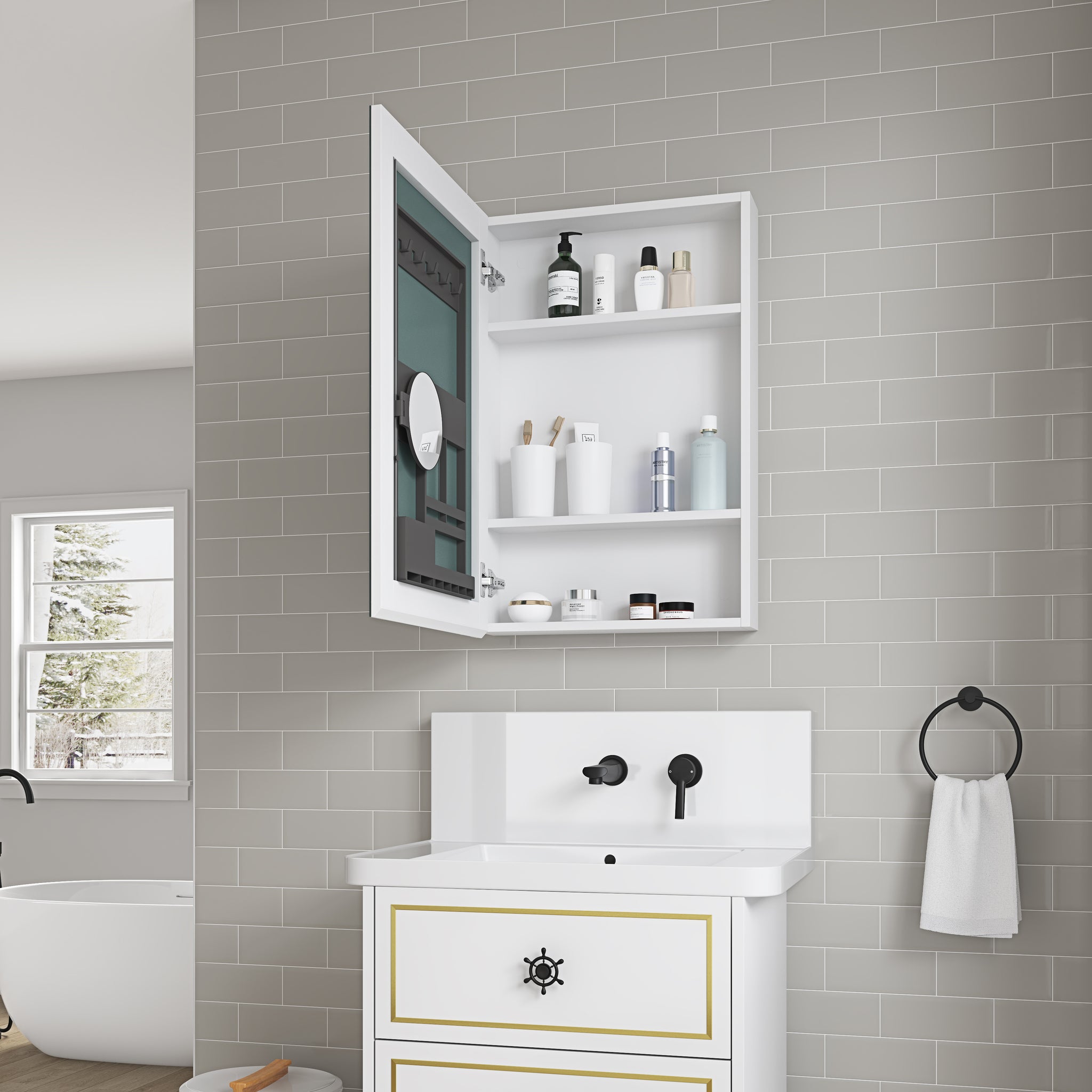 20'' W X 30'' H Bathroom Mirror Medicine Cabinet Wooden Door Medicine Cabinets For Bathroom, Wall Mounted Recessed Or Surface, Bathroom Mirror With Storage, Left Opening Door White Engineered Wood