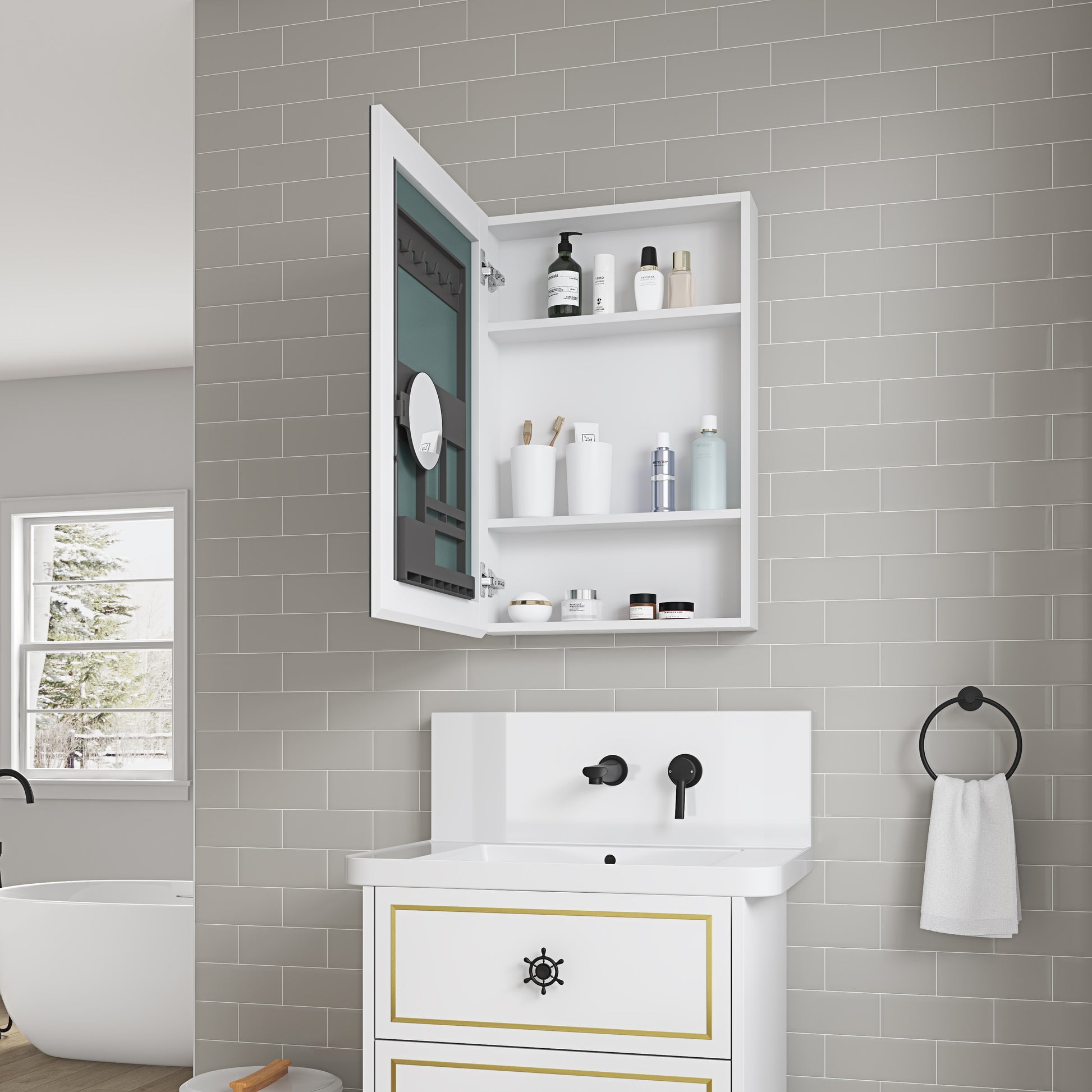 20'' W X 30'' H Bathroom Mirror Medicine Cabinet Wooden Door Medicine Cabinets For Bathroom, Wall Mounted Recessed Or Surface, Bathroom Mirror With Storage, Left Opening Door White Engineered Wood