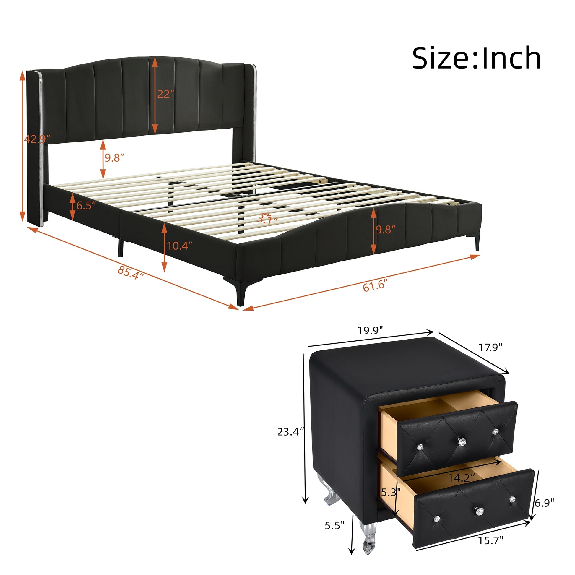 3 Pieces Bedroom Set With Queen Size Pu Leather Upholstered Platform Bed And Elegant Pu Nightstand With 2 Drawersblack Box Spring Not Required Queen Black 3 Piece Set Pu