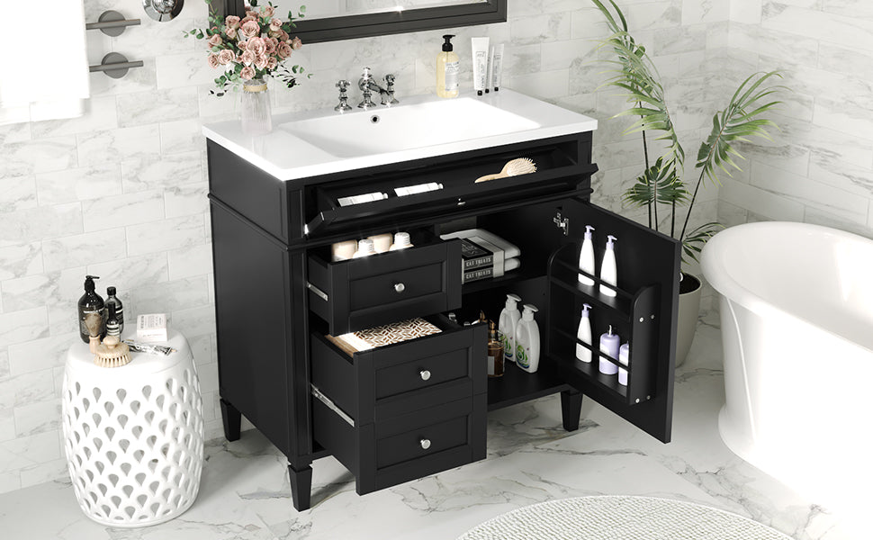 36'' Bathroom Vanity With Top Sink, Modern Bathroom Storage Cabinet With 2 Drawers And A Tip Out Drawer, Single Sink Bathroom Vanity Black Bathroom Solid Wood Mdf