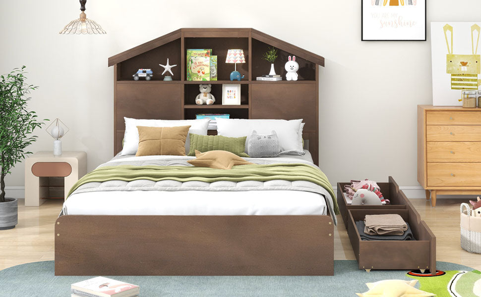 Full Size Wood Platform Bed With House Shaped Storage Headboard And 2 Drawers, Walnut Box Spring Not Required Full Walnut Wood Bedroom Solid Wood Mdf