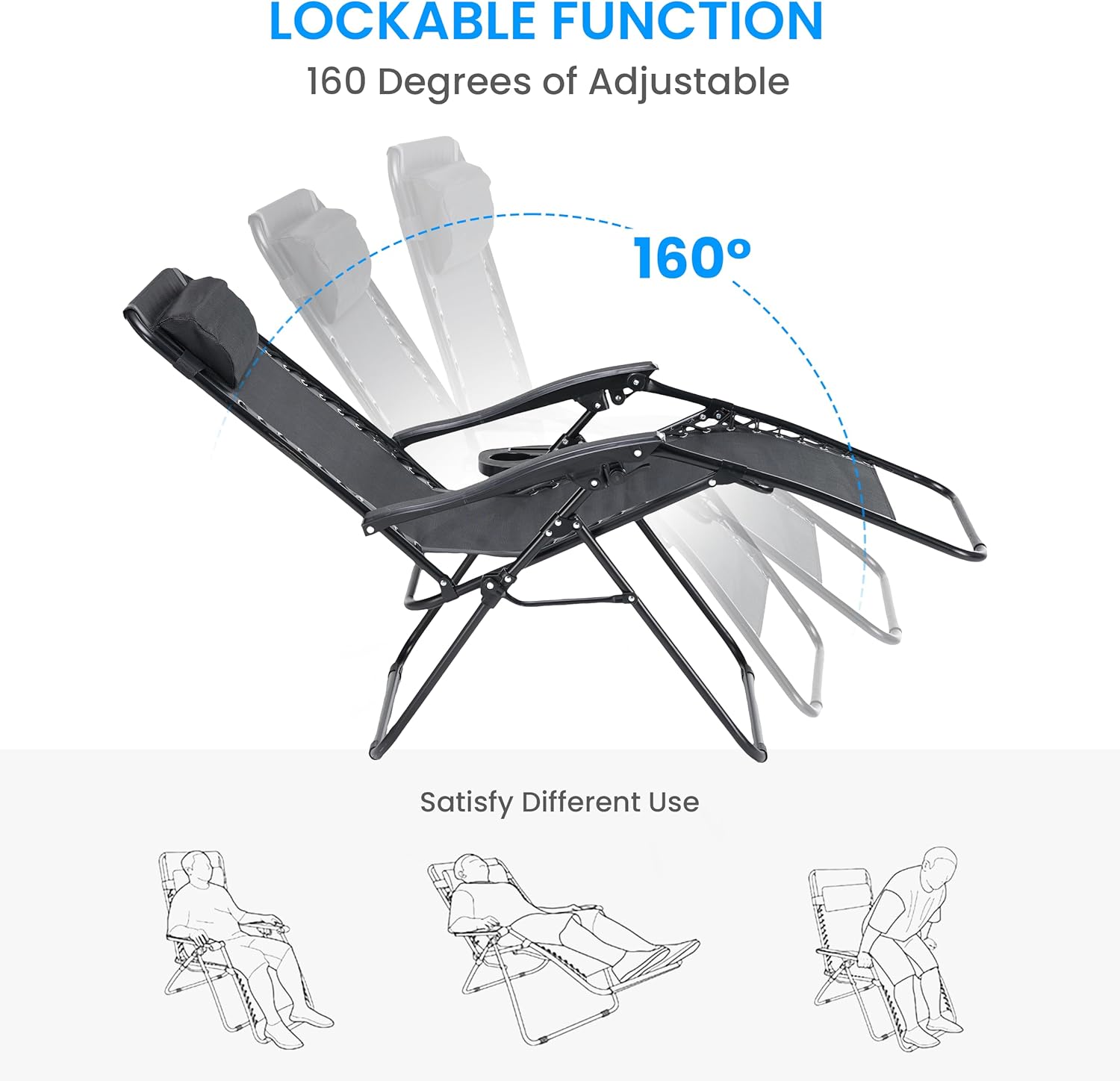 2 Set Zero Gravity Chairs Patio Portable Reclining Folding Lounge Chair Beach Camping Chairs With Pillow And Cup Holder Trays For Garden, Poolside, Black Black Steel