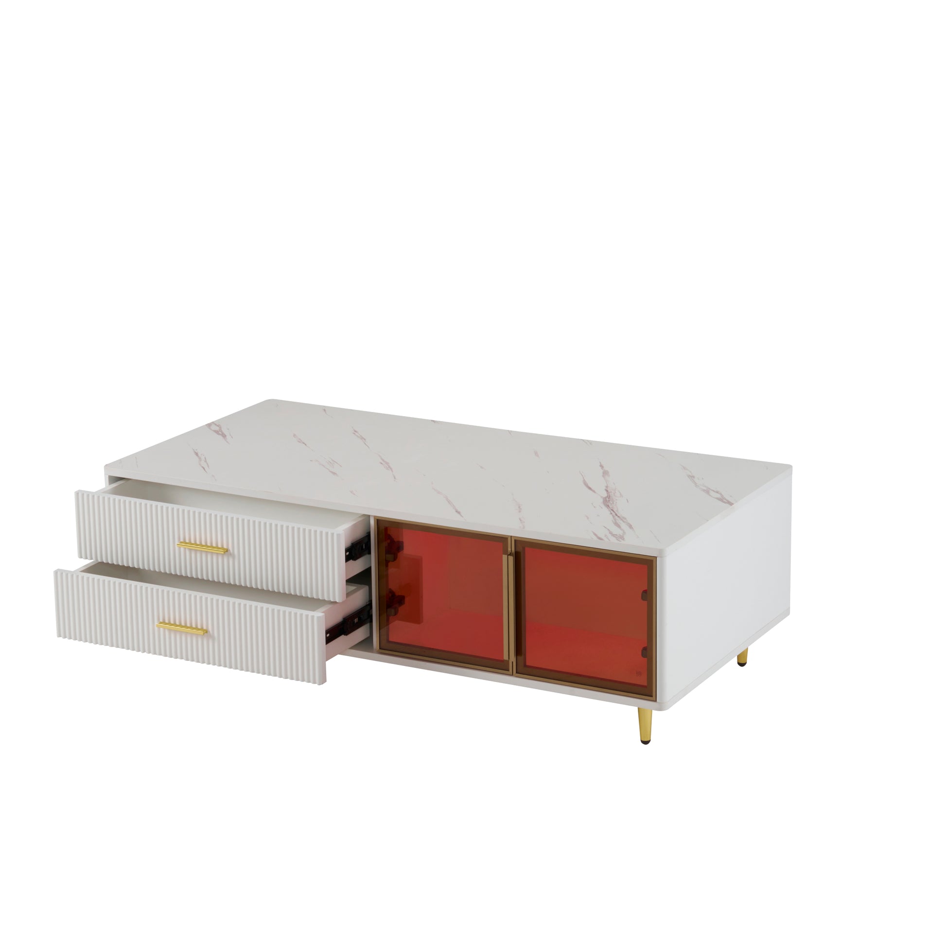 Modern White Coffee Table With 2 Glass Door Storage, 4 Drawers, Gold Metal Legs, And Multi Color Lighting In 47.2'' White Drawers Mdf