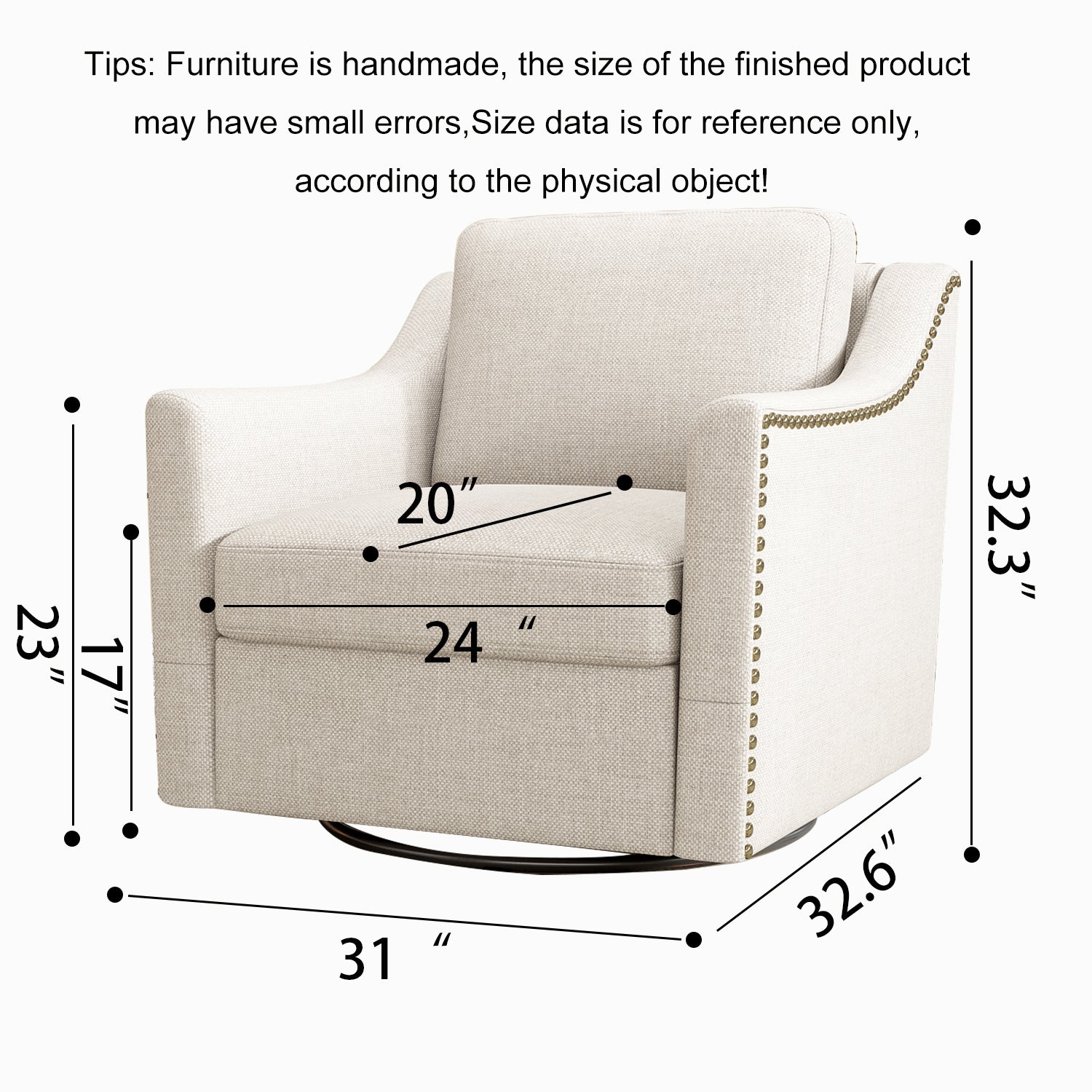 360 Degree Swivel Armchair Cotton Linen Skin Friendly Fabric Ergonomic Design Brass Nail Decorative Armchair Living Room Chairs Bedroom Chairs Living Room Chairs Black Legs Suitable For Indoor Homes White Modern Foam Cotton Linen