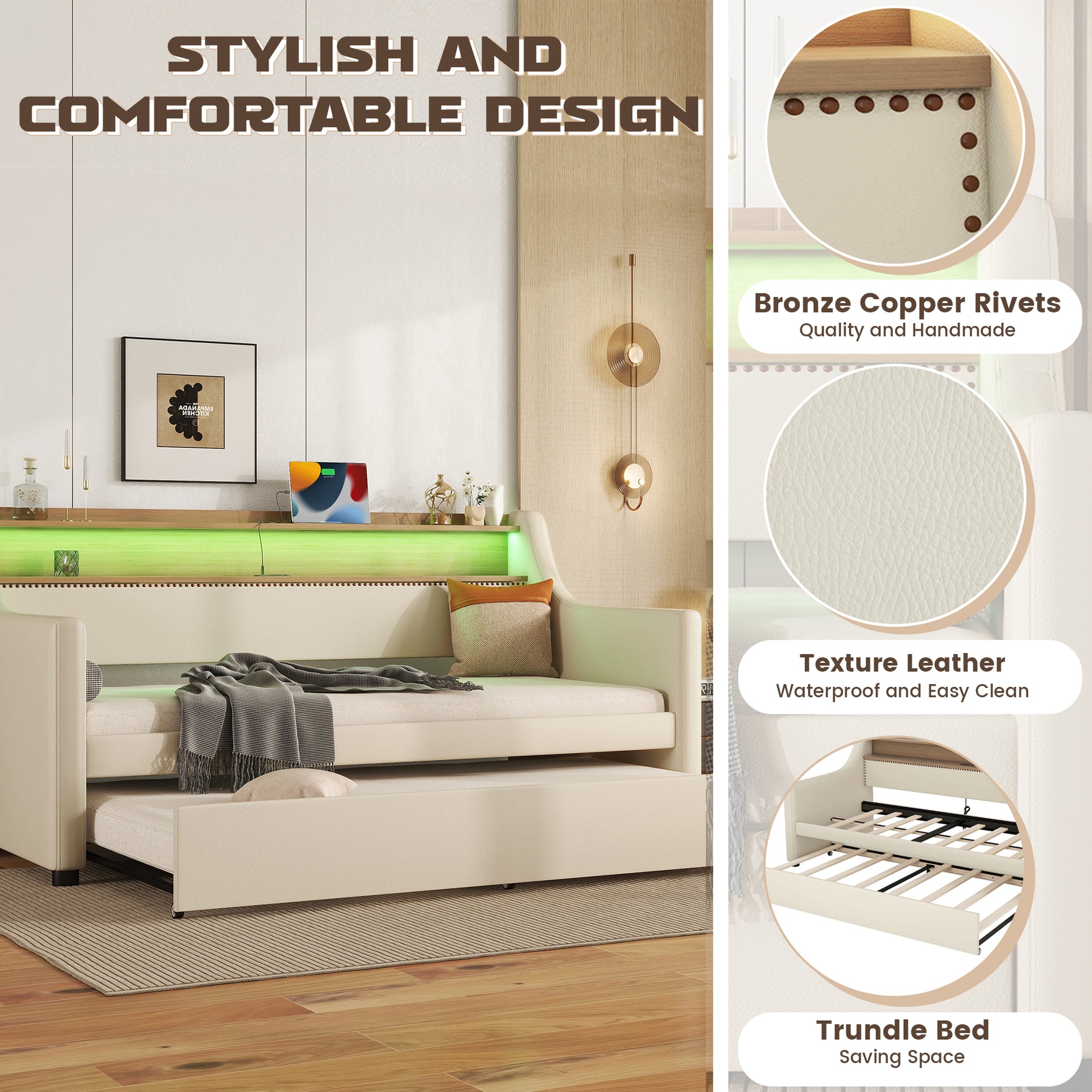 Twin Size Daybed With Trundle, Upholstered Daybed With Charging Station And Led Lights, Beige Expect Arrive Date:May 20Th. Twin Beige Pu Leather
