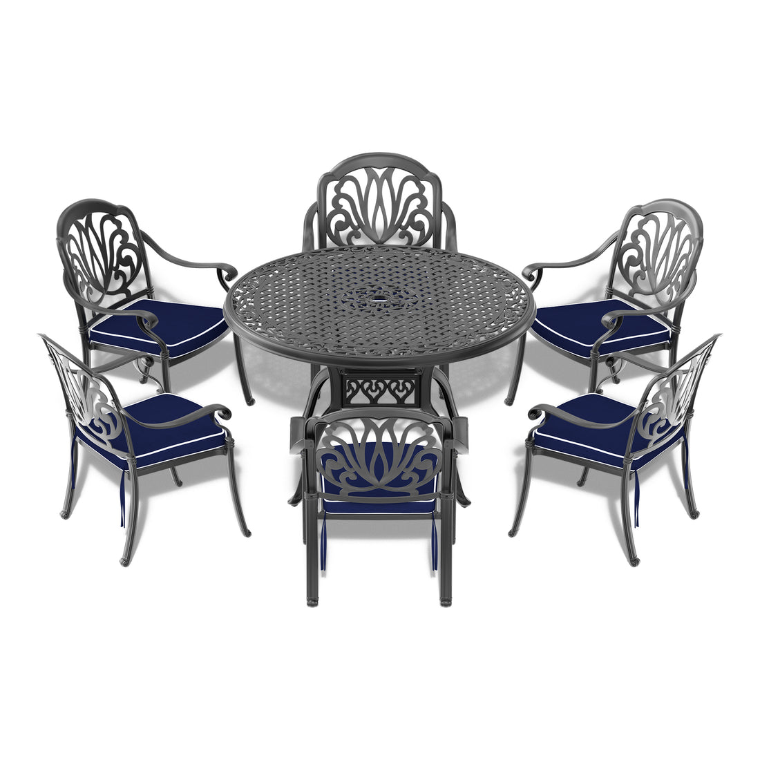 Cushions In Random Colors 7 Piece Set Of Cast Aluminum Patio Furniture With Cushions Yes Dining Set Black Seats 6 Rust Resistant Frame Water Resistant Cushion Garden & Outdoor Complete Patio Sets Aluminium