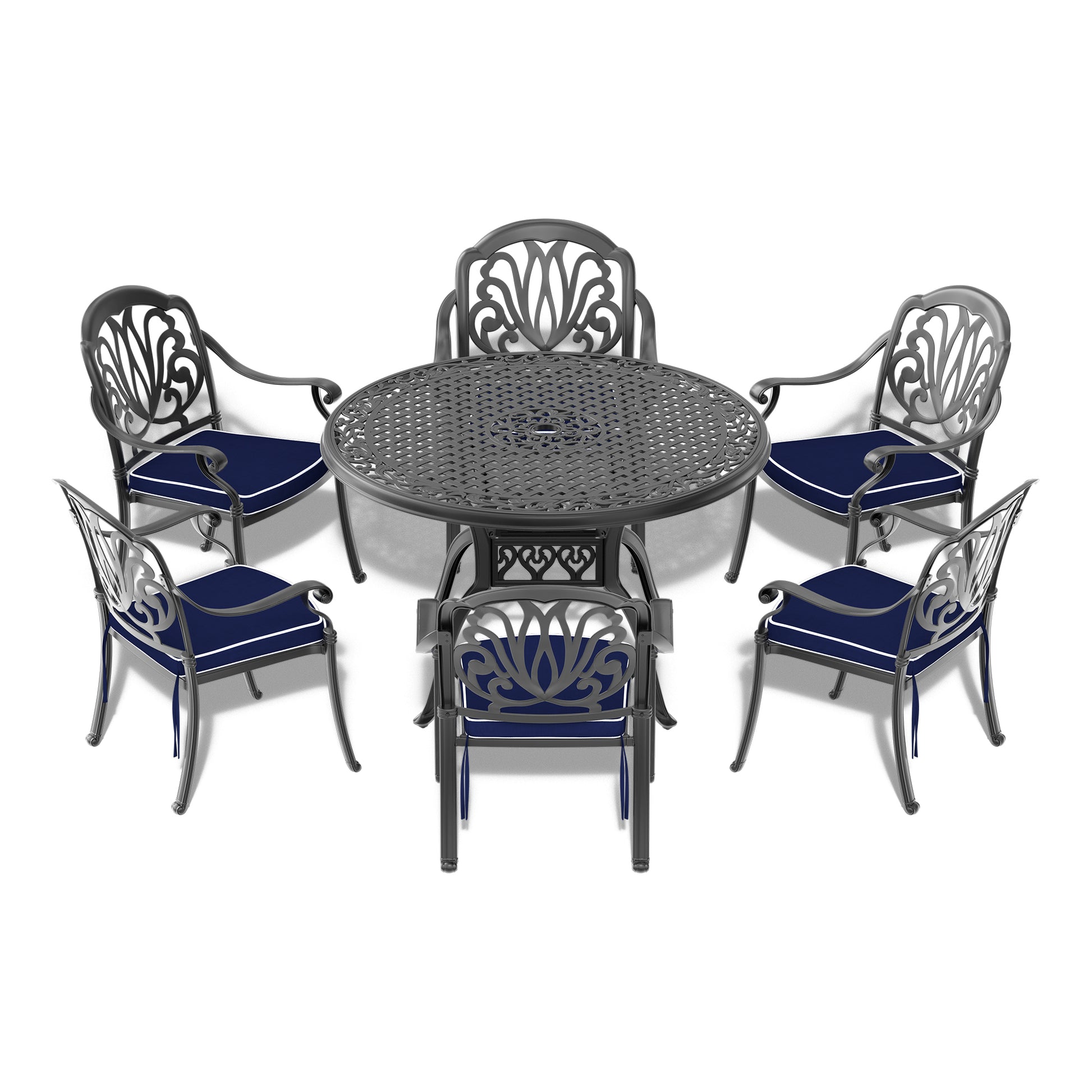 Cushions In Random Colors 7 Piece Set Of Cast Aluminum Patio Furniture With Cushions Yes Dining Set Black Seats 6 Rust Resistant Frame Water Resistant Cushion Garden & Outdoor Complete Patio Sets Aluminium