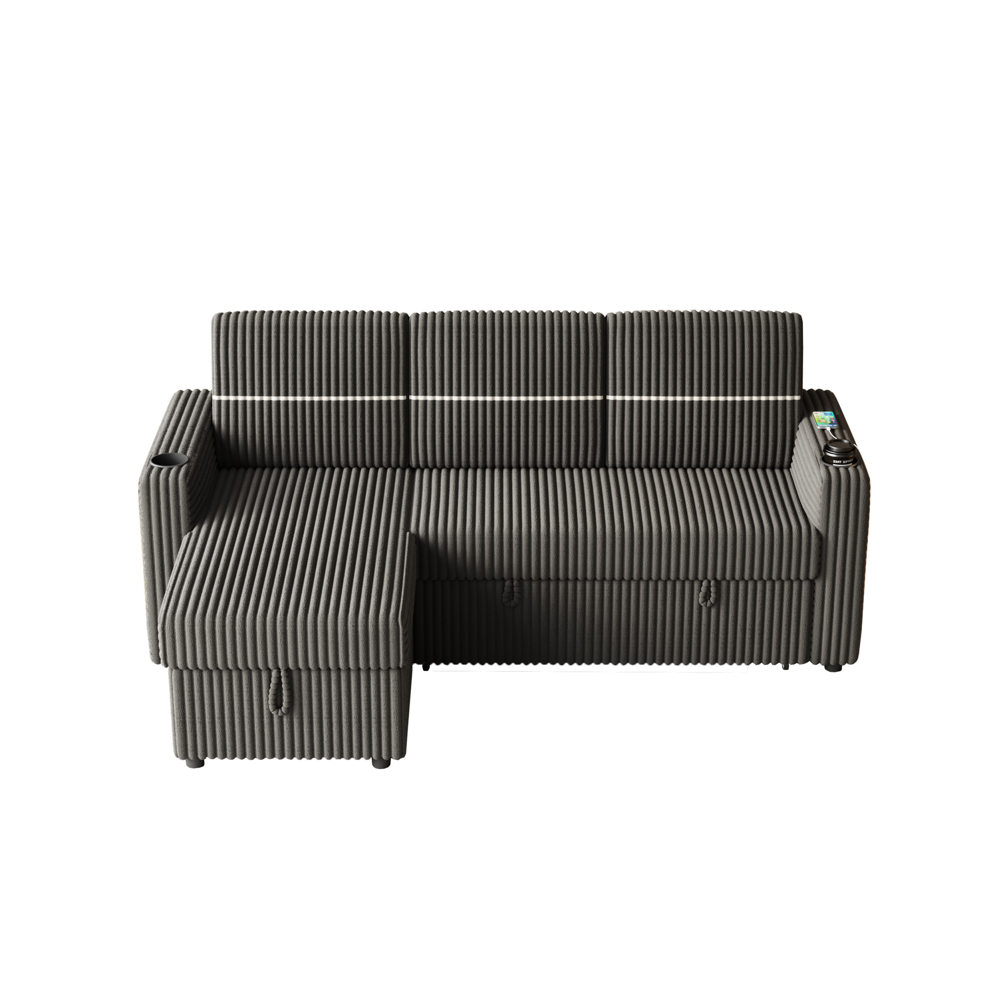 85 Inches Corduroy Sofa Bed, 3 Seater Sleeper Sofa With Storage Chaise, Square Handrail With Two Cup Holder And Usb Charge Port, Pull Out Couch For Living Room Dark Grey Corduroy 3 Seat