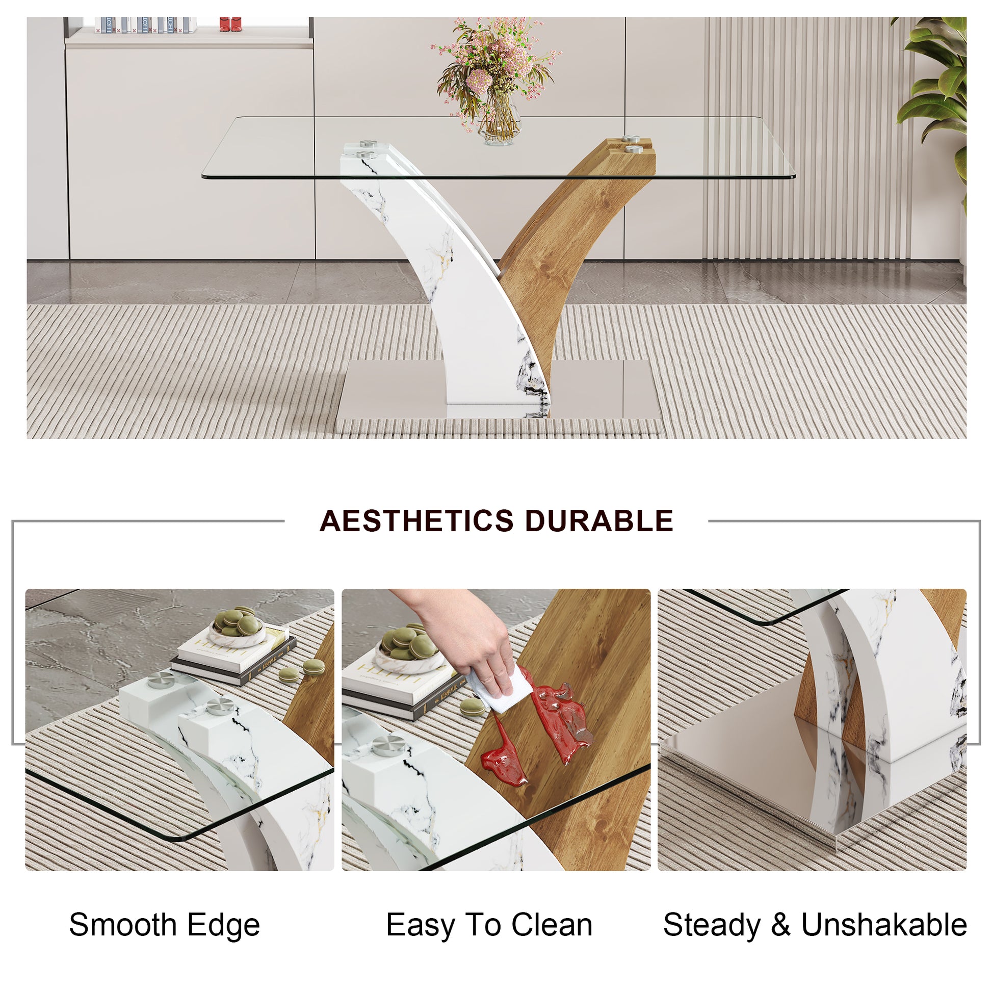 Table And Chair Set.Modern Dining Table, Tempered Glass Countertop With Artistic Mdf Legs.Paried With 6 Comfortable Chairs With Pu Seats And Metal Legs. Suitable For Various Decoration Styles. Black Brown,Transparent Seats 6 Mdf Metal