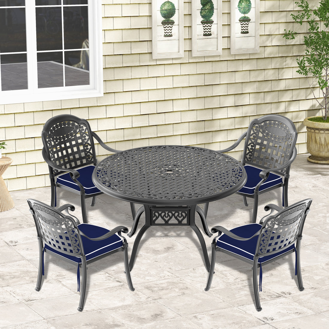 Cushions In Random Colors 5 Piece Set Of Cast Aluminum Patio Furniture With Cushions Yes Dining Set Black Seats 4 Rust Resistant Frame Water Resistant Cushion Garden & Outdoor Complete Patio Sets Aluminium
