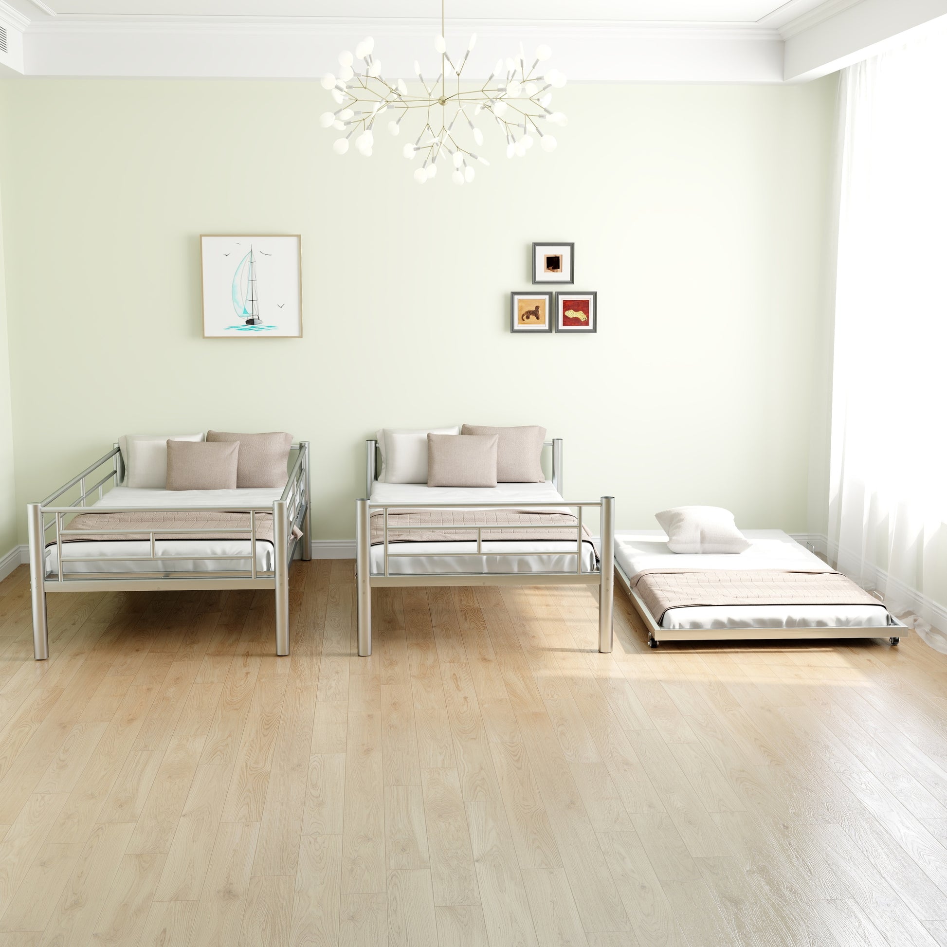 Heavy Duty Sturdy Meta Twin Over Twin With Trundle Bunk Bed L Noise Reduced Safety Guardrail No Box Spring Needed,Gray Silver Twin Gray Silver Metal