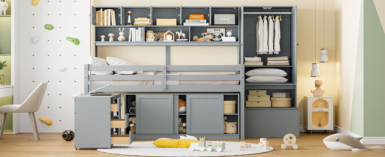Full Size Wooden Loft Bed Big Storage With Under Bed Desk, With Drawers, With Shelves, Gray Full Gray Plywood