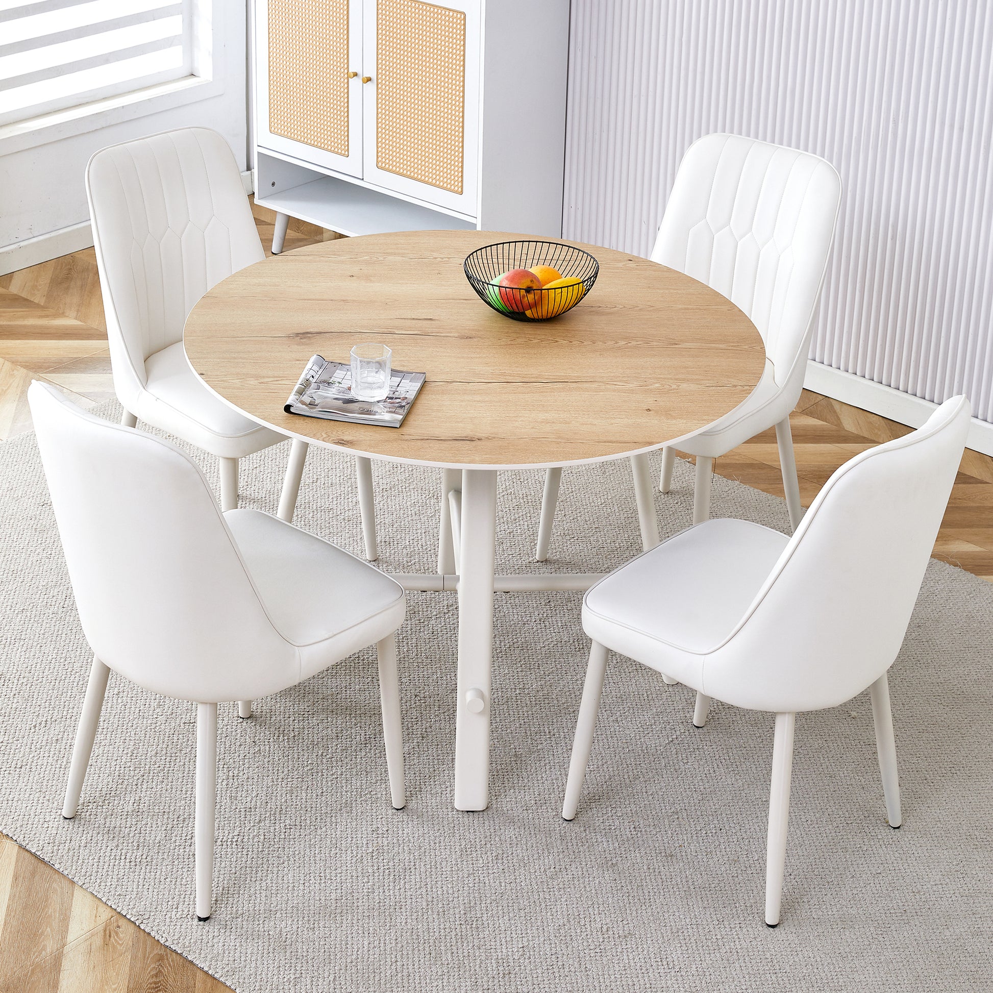 Table And Chair Set, Mdf Desktop, White Metal Table Legs, Stable And Beautiful, Suitable For Most Styles Of Home. Modern Simple Dining Table, Comfortable Seating. White Seats 4 Mdf