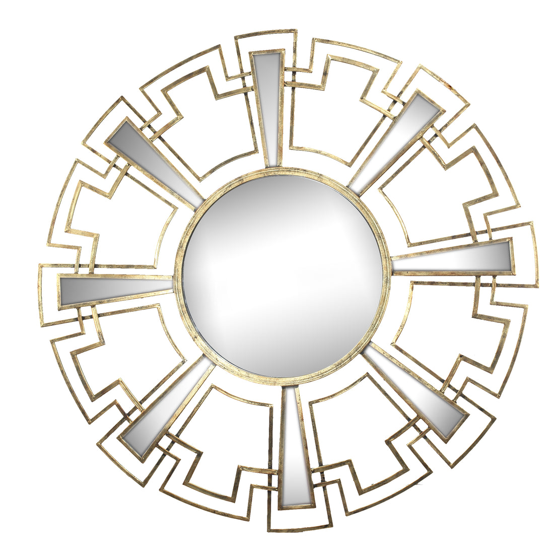 Round Sunburst Wall Mirror With Geometric Design Metal Frame, Gold Gold Iron